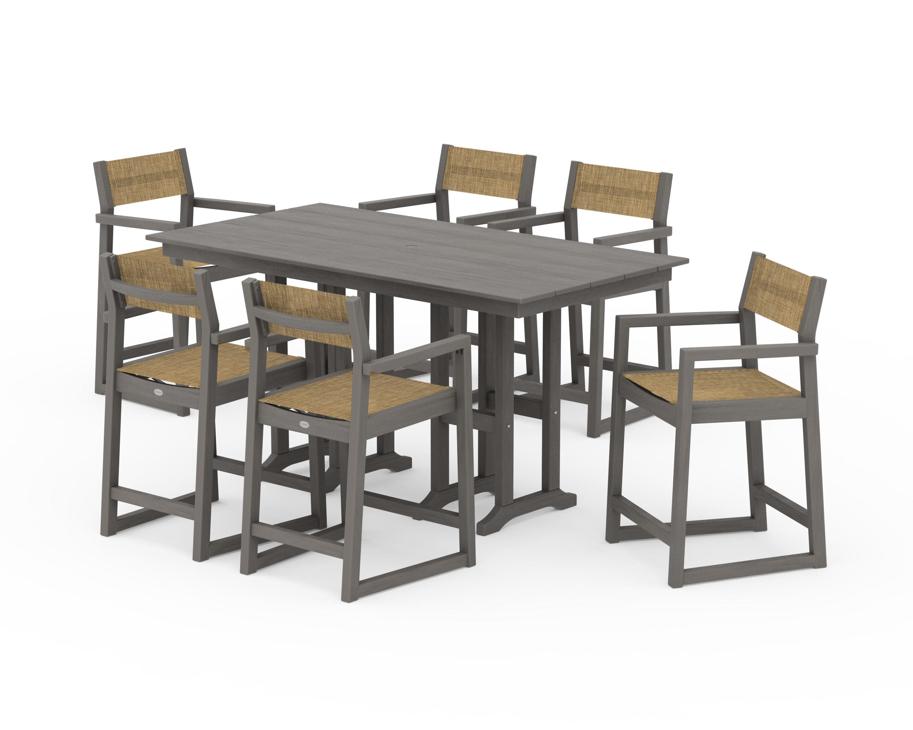 EDGE Sling Arm Chair 7-Piece Farmhouse Counter Set in Driftwood / Burlap Sling