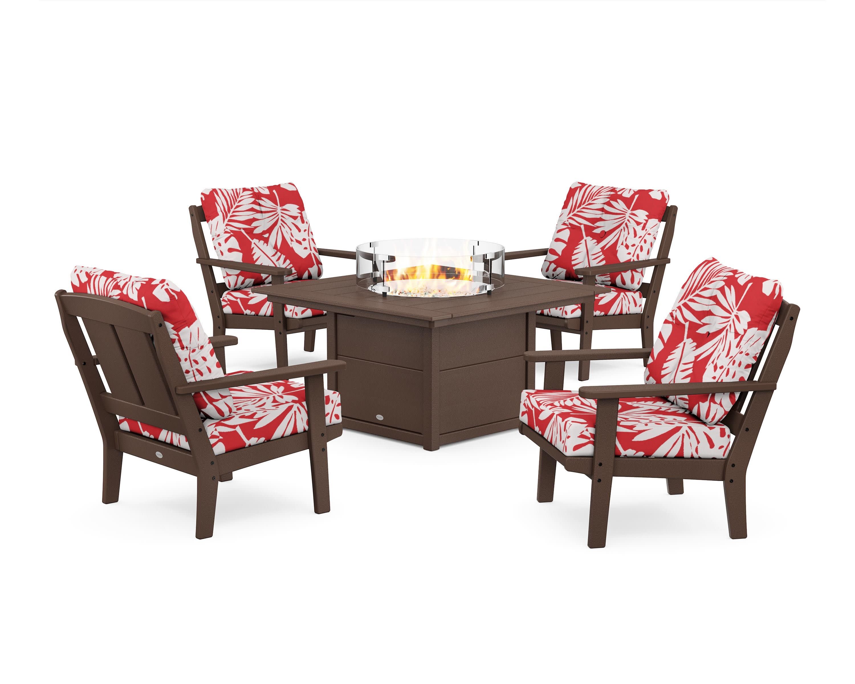 Mission 5-Piece Deep Seating Set with Fire Pit Table in Mahogany / Leaf Crimson