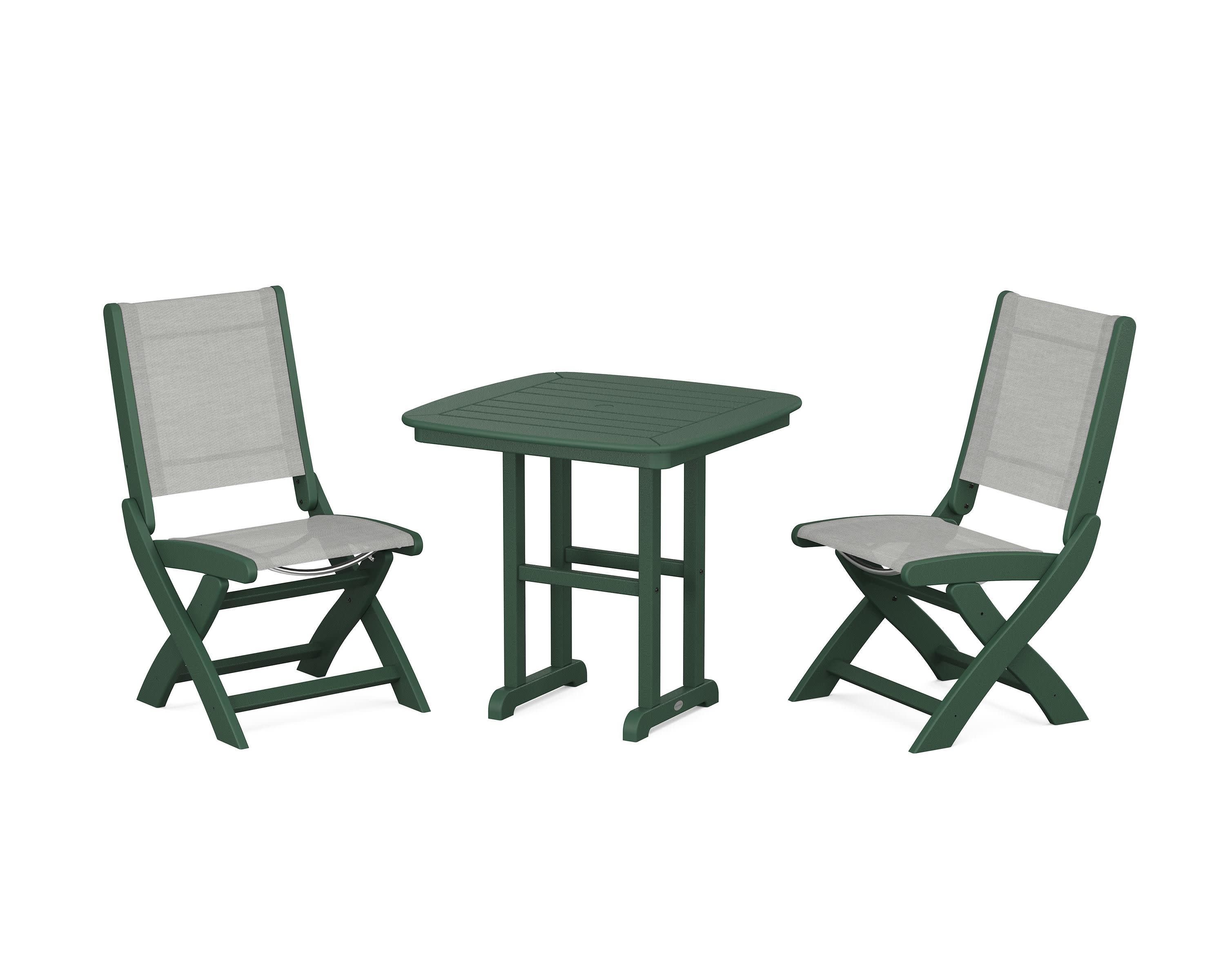 Coastal Folding Side Chair 3-Piece Dining Set in Green / Metallic Sling