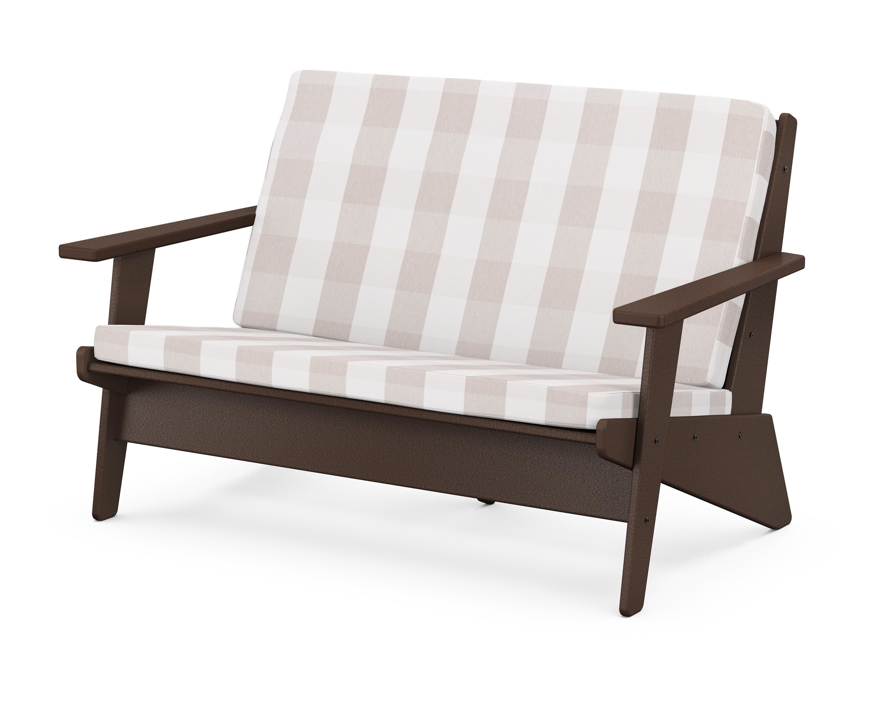 Riviera Modern Lounge Loveseat in Mahogany / Buffalo Plaid Dune Burlap