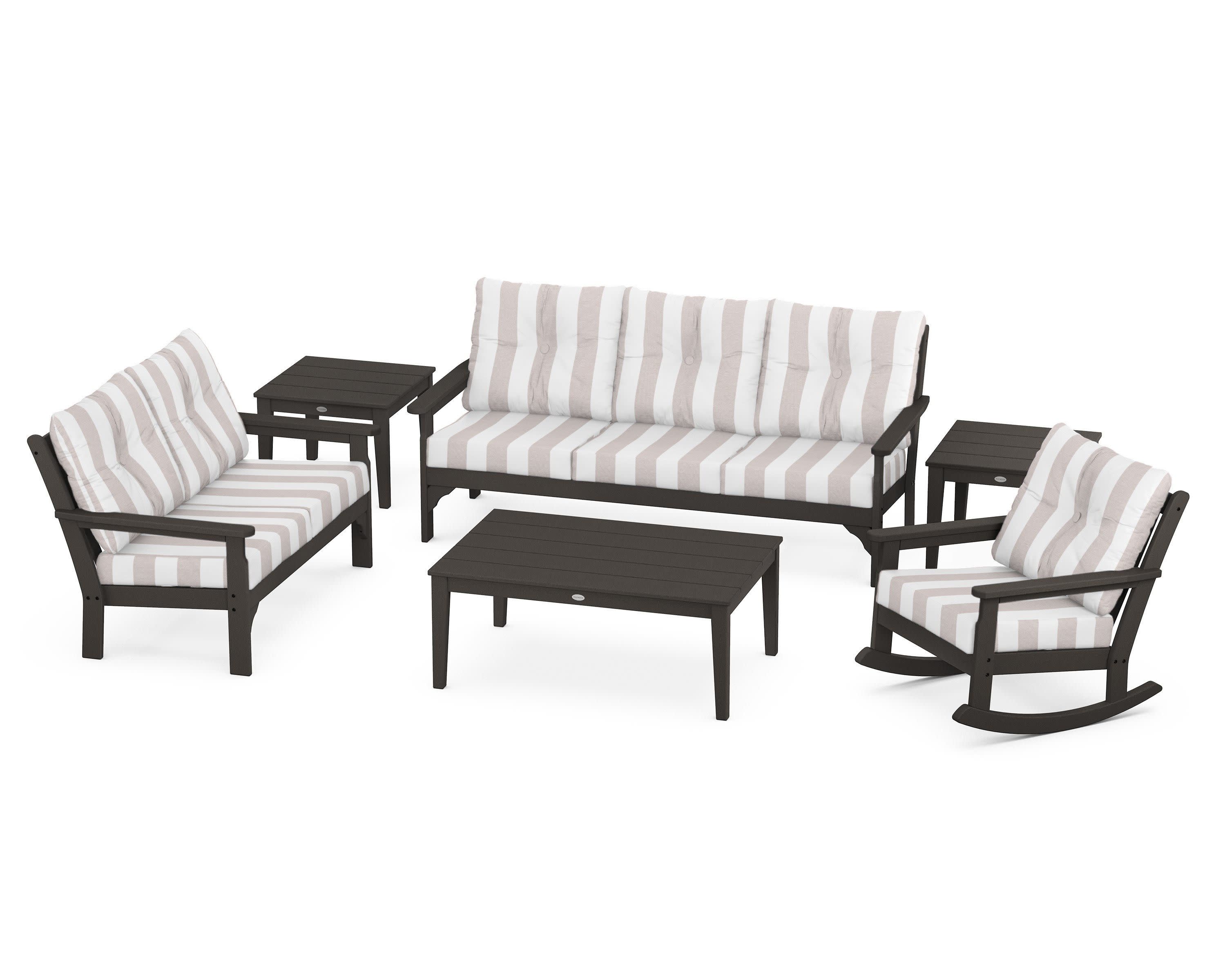 Vineyard 6-Piece Deep Seating Set in Vintage Coffee / Cabana Stripe Dune Burlap