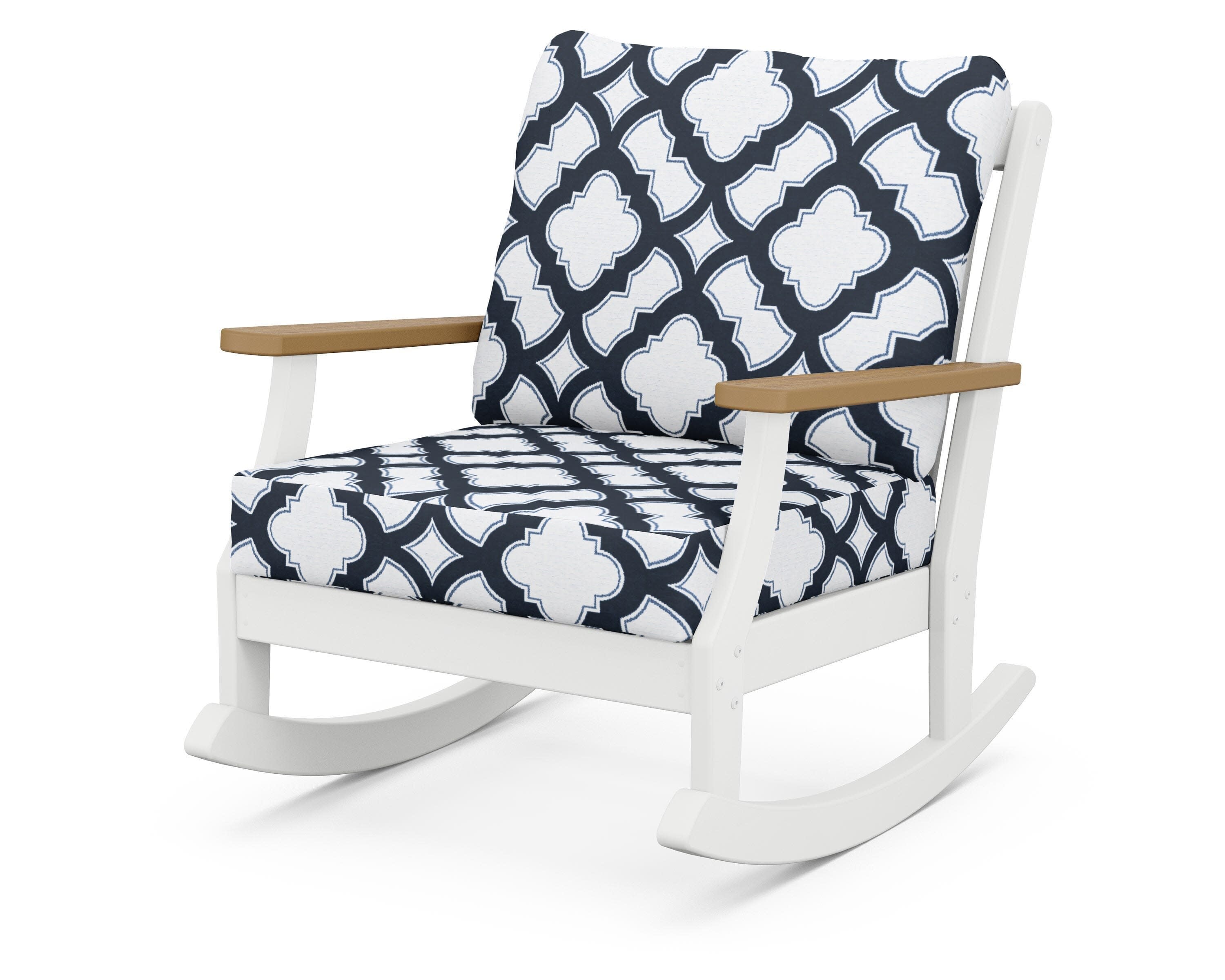 Braxton Deep Seating Rocking Chair in White / Natural / Trellis Marine Indigo