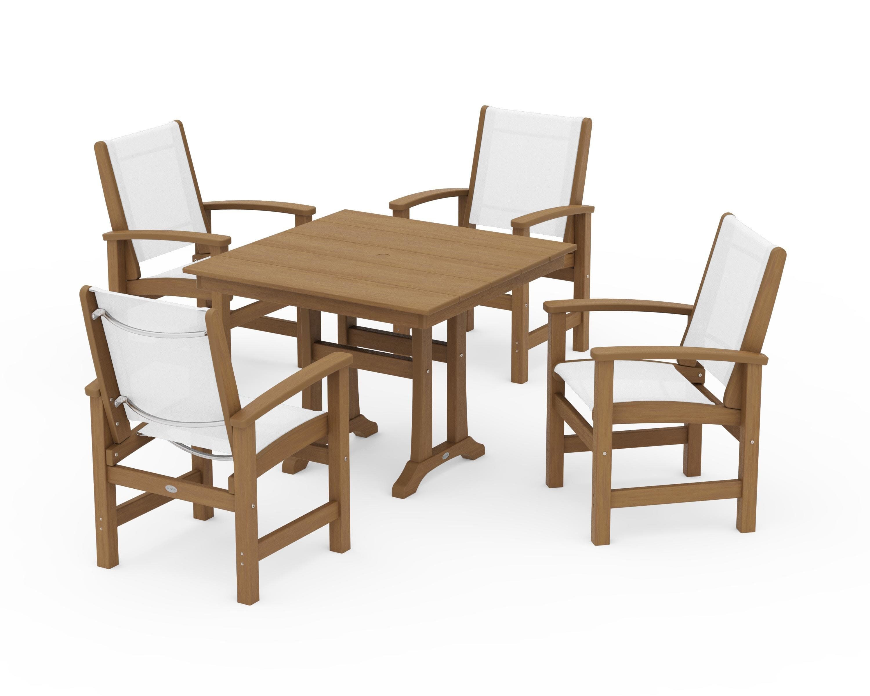 Coastal 5-Piece Farmhouse Dining Set With Trestle Legs in Natural / White Sling