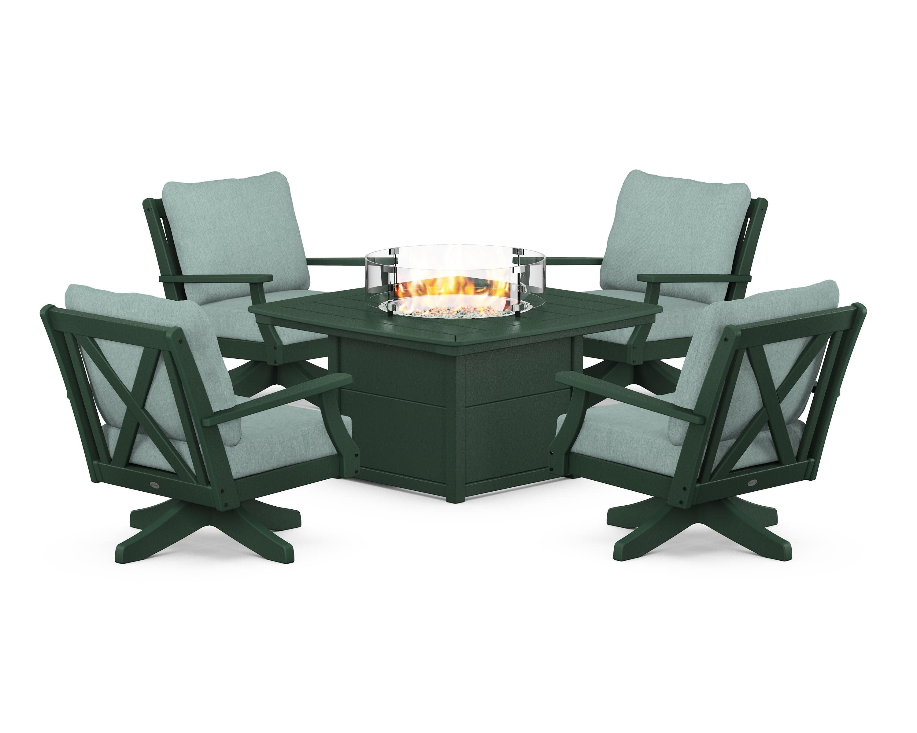 Braxton 5-Piece Deep Seating Swivel Conversation Set with Fire Pit Table in Green / Glacier Spa