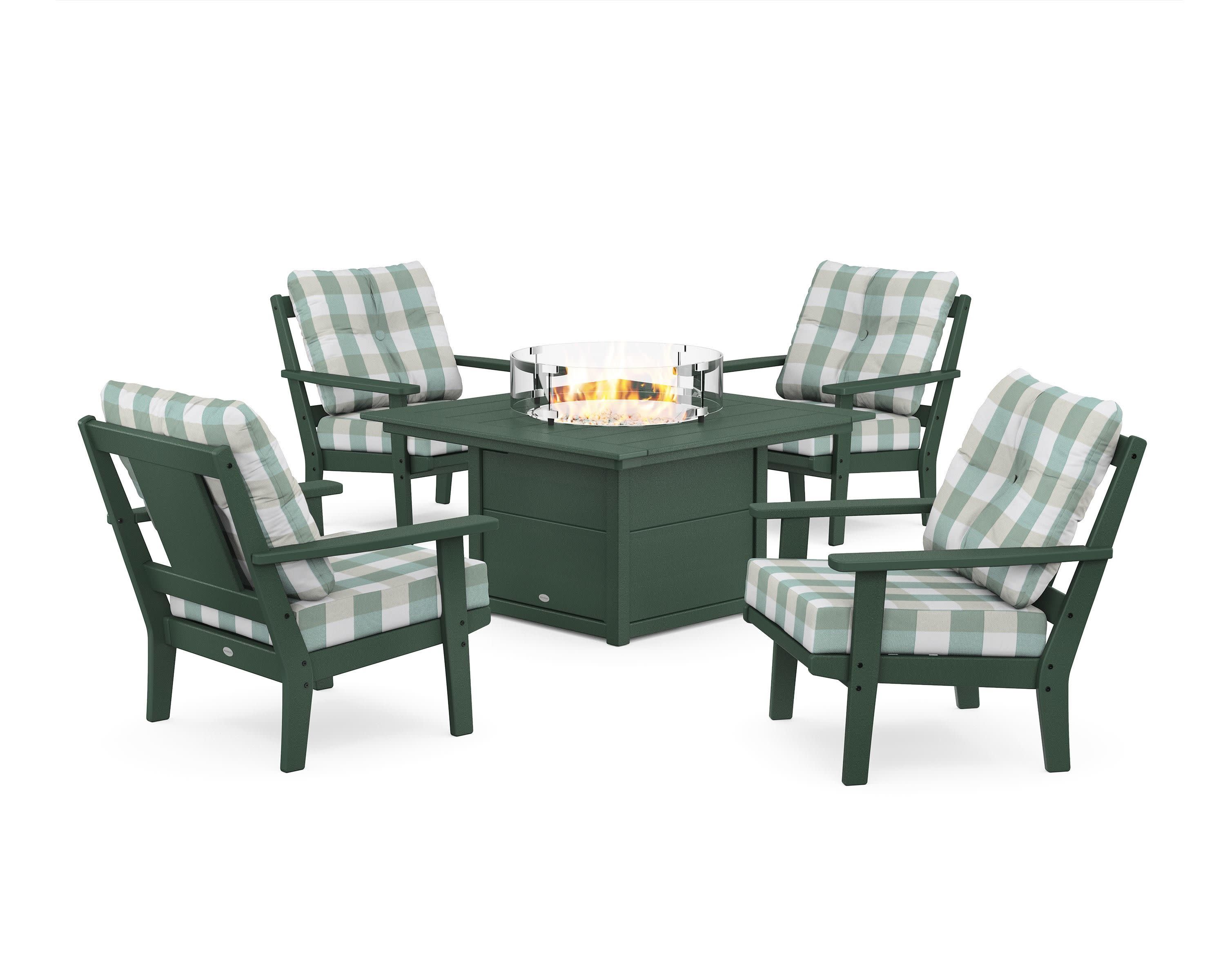 Prairie 5-Piece Deep Seating Set with Fire Pit Table in Green / Buffalo Plaid Glacier Spa