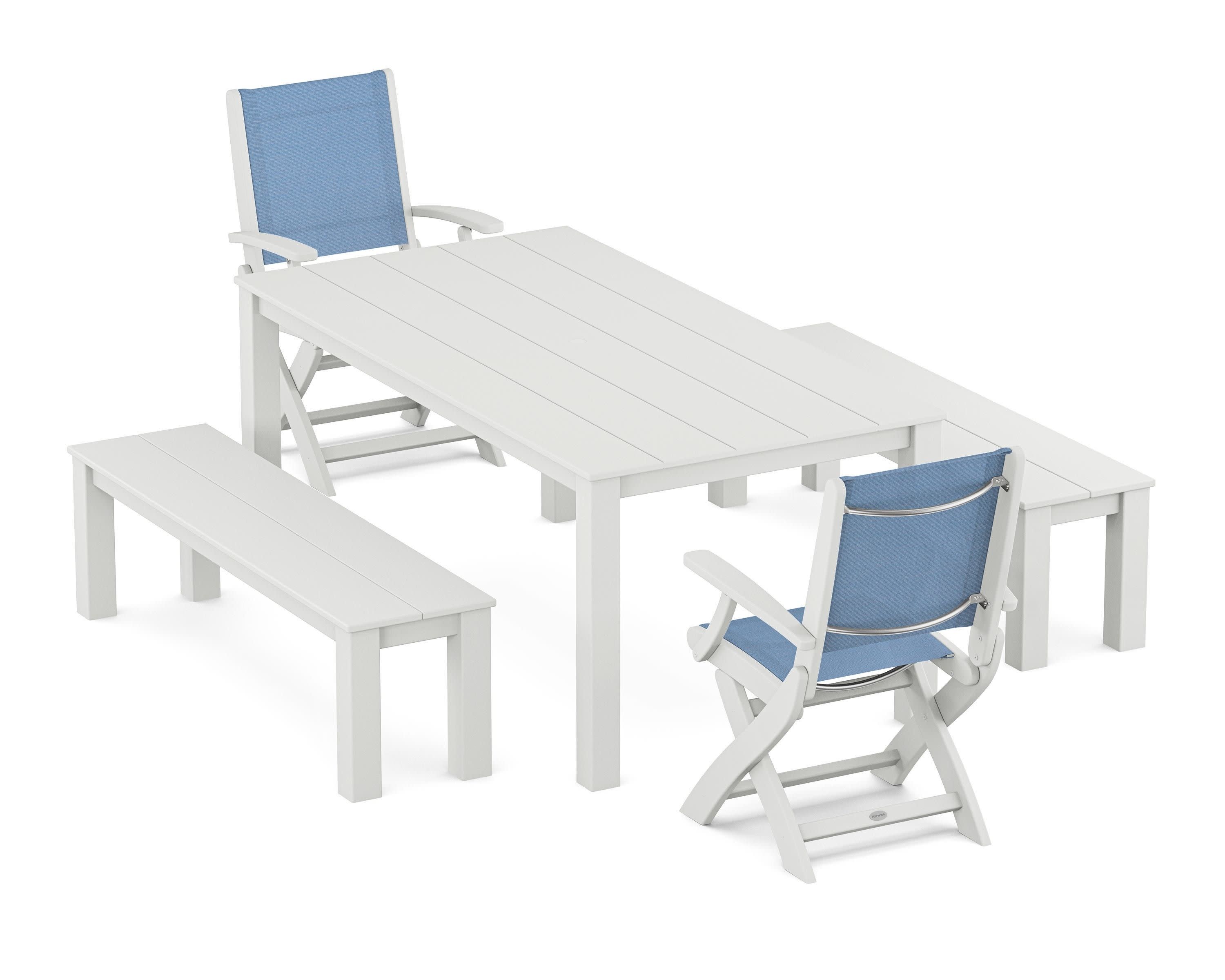 Coastal Folding Chair 5-Piece Parsons Dining Set with Benches in White / Poolside Sling