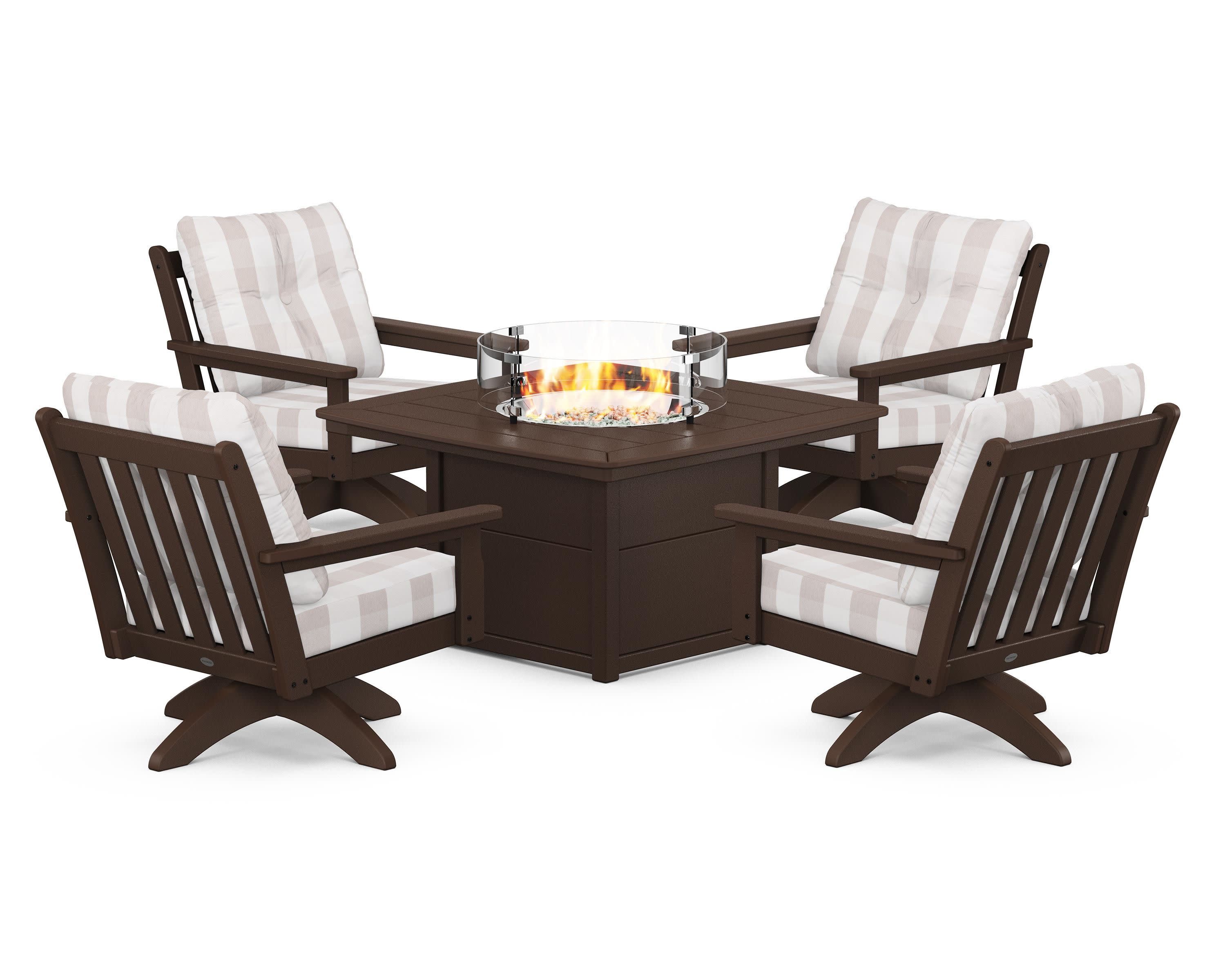 Vineyard 5-Piece Deep Seating Swivel Conversation Set with Fire Pit Table in Mahogany / Buffalo Plaid Dune Burlap