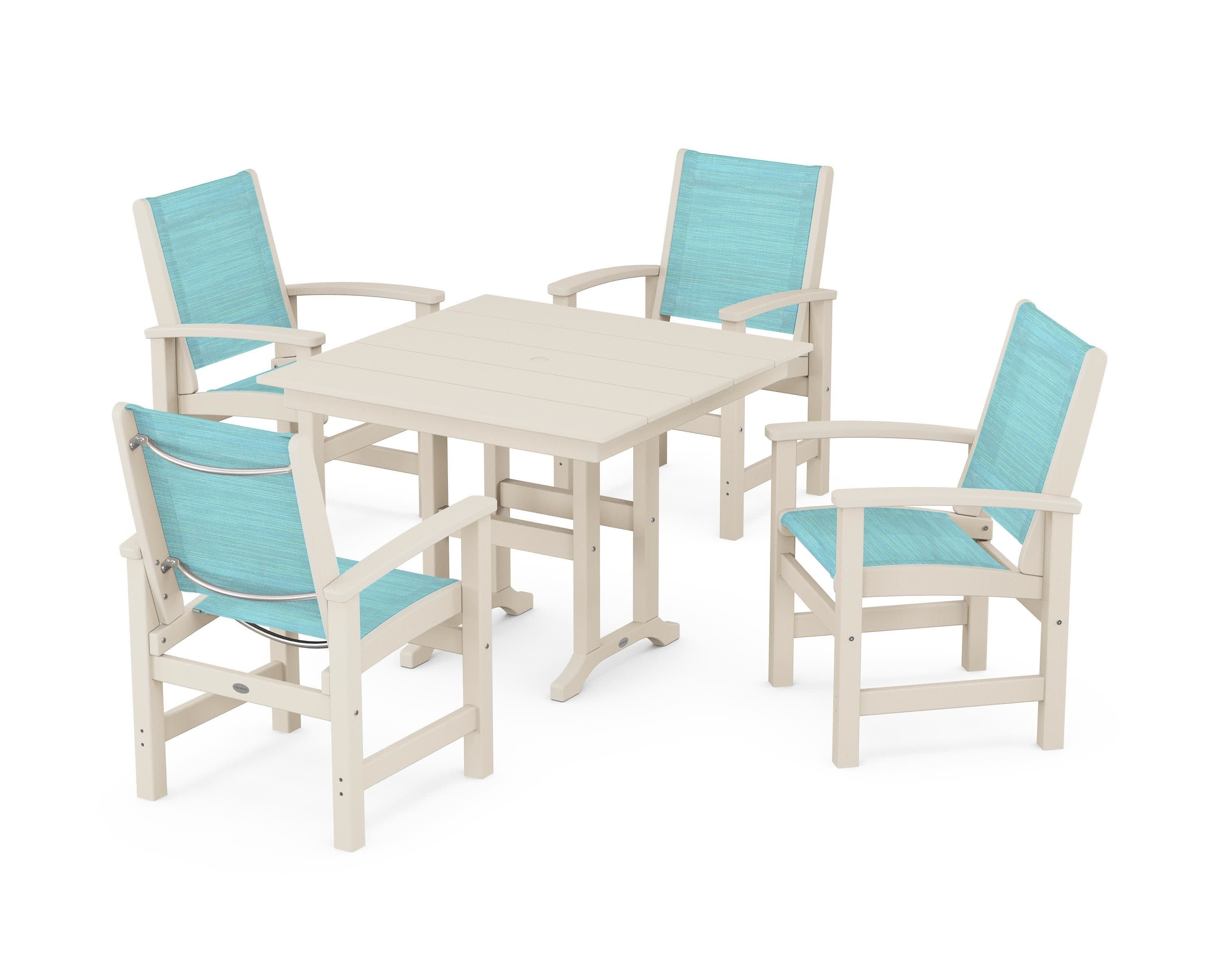 Coastal 5-Piece Farmhouse Dining Set in Sand / Dupioni Aquamarine Sling