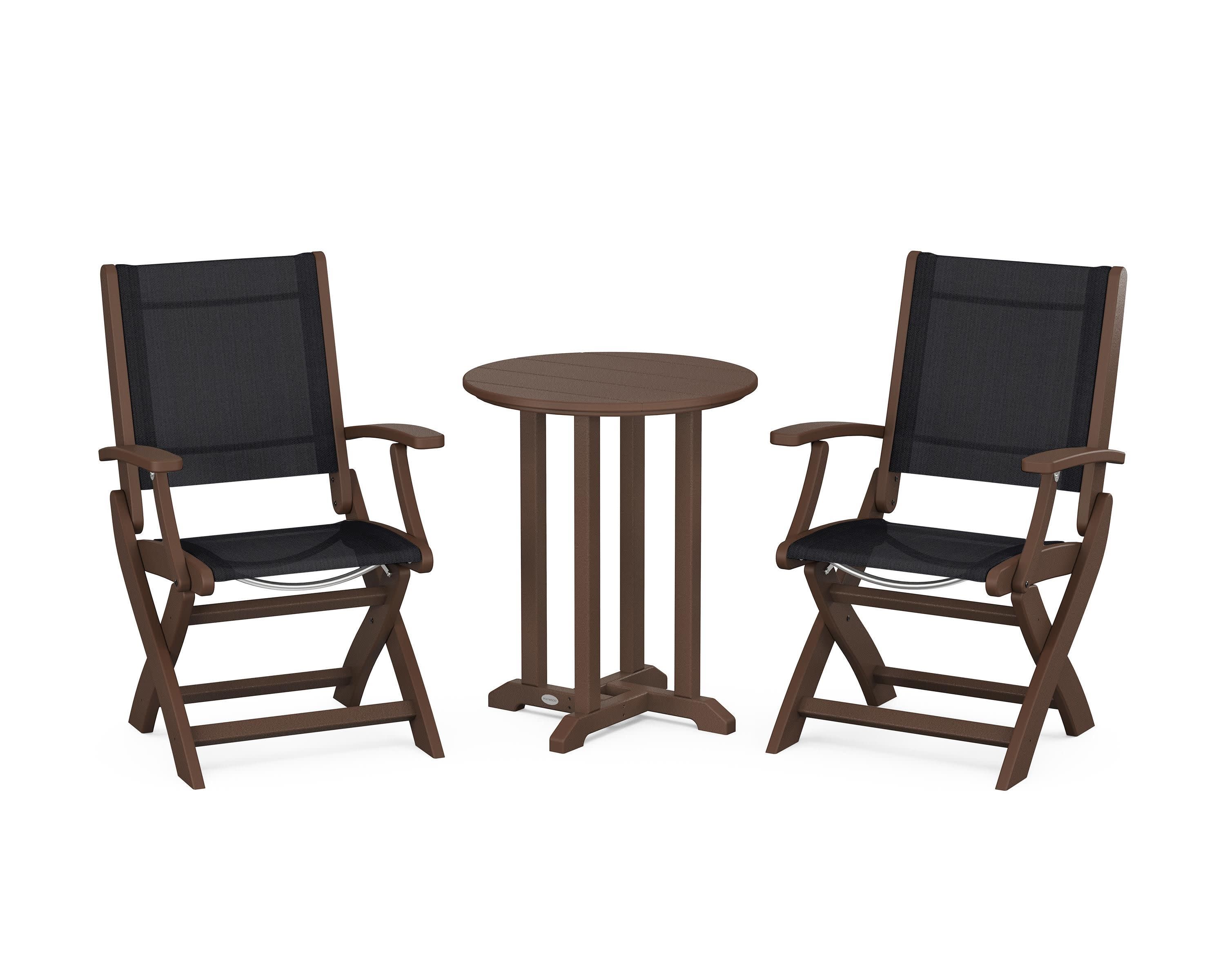 Coastal Folding 3-Piece Round Bistro Dining Set in Mahogany / Black Sling