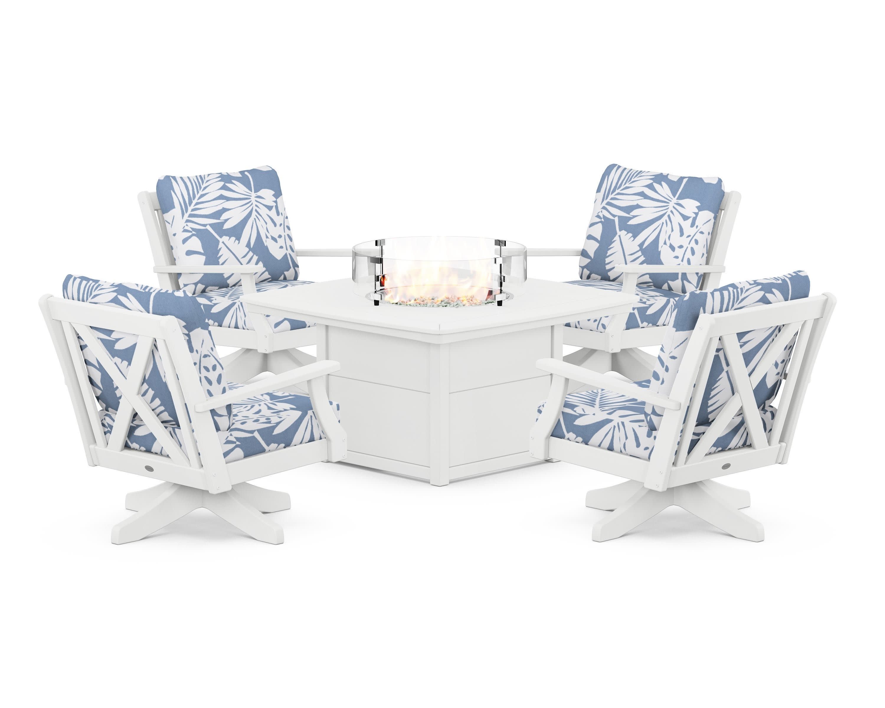 Braxton 5-Piece Deep Seating Swivel Conversation Set with Fire Pit Table in White / Leaf Sky Blue