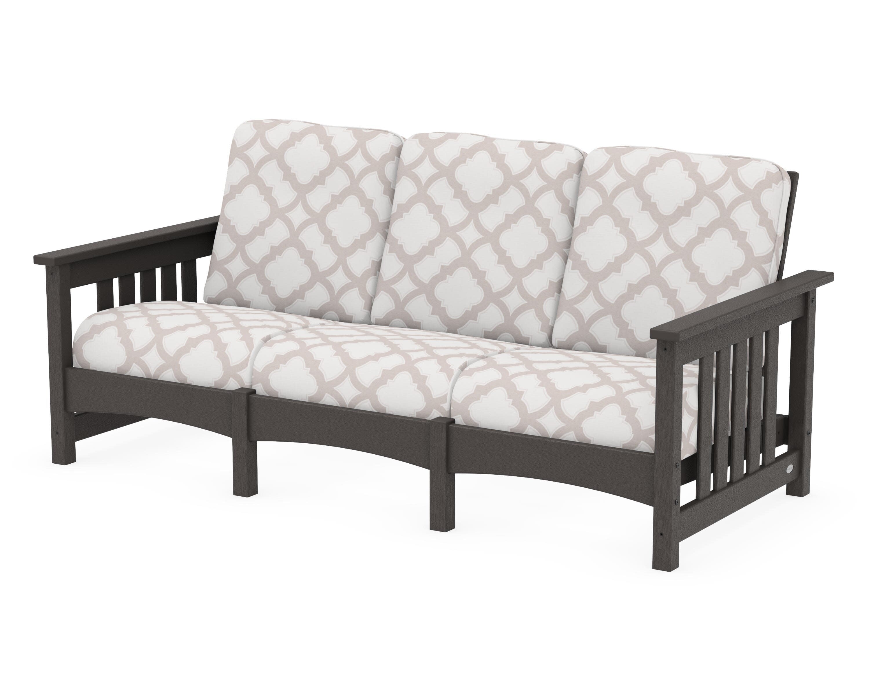 Club Mission Sofa in Vintage Coffee / Trellis Dune Burlap