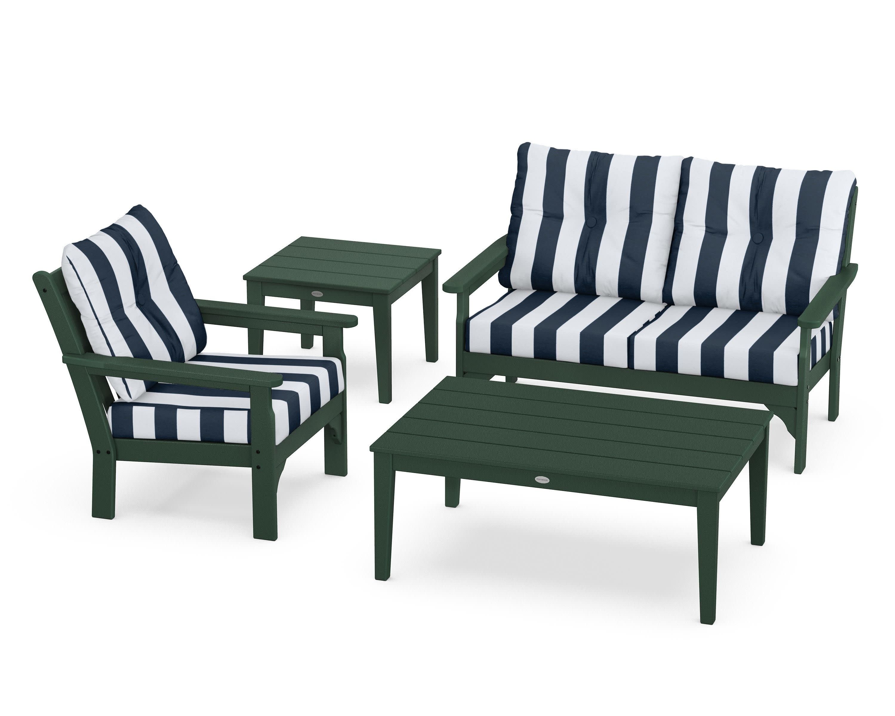 Vineyard 4-Piece Deep Seating Set in Green / Cabana Stripe Marine Indigo