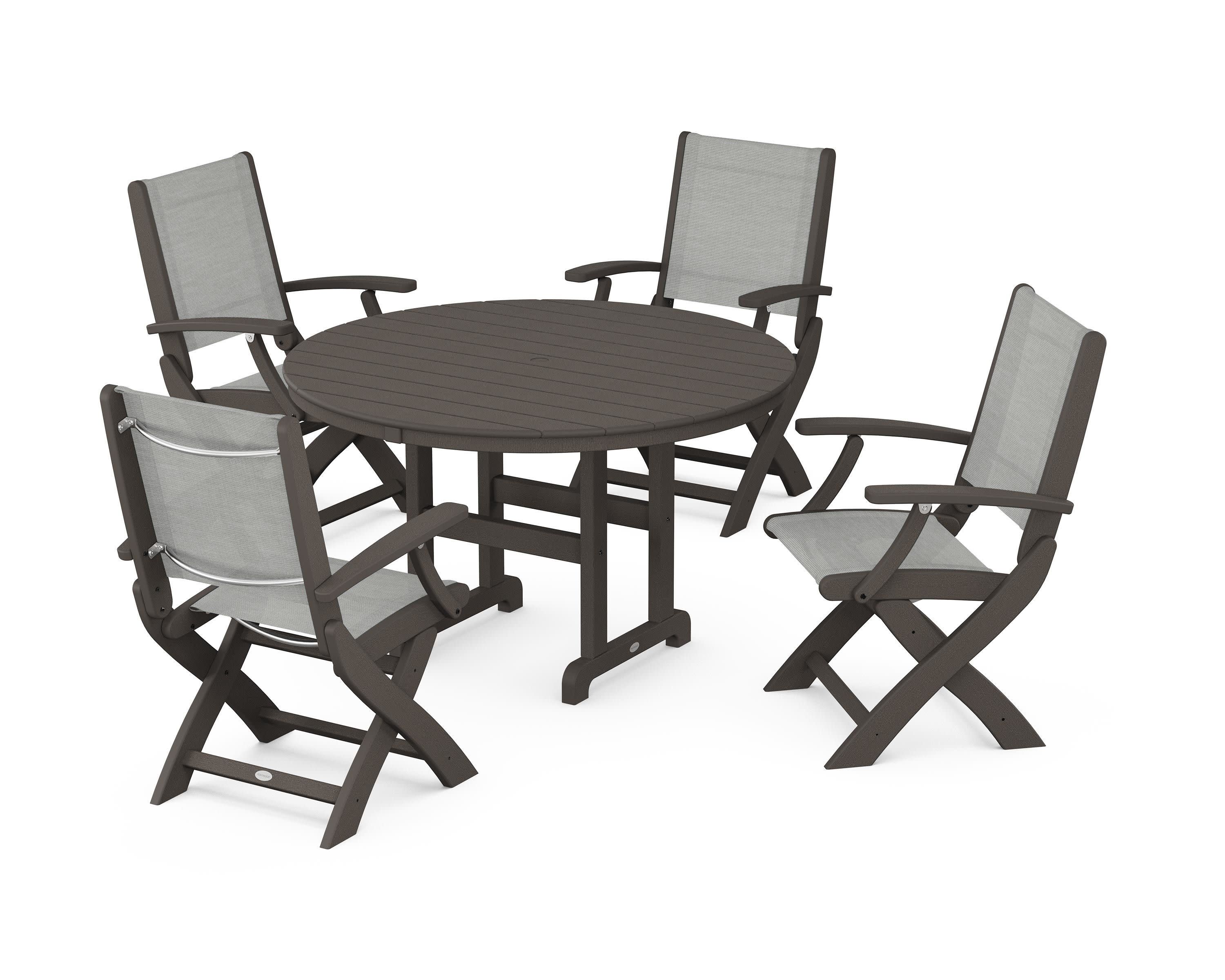 Coastal Folding Chair 5-Piece Round Dining Set in Vintage Coffee / Metallic Sling