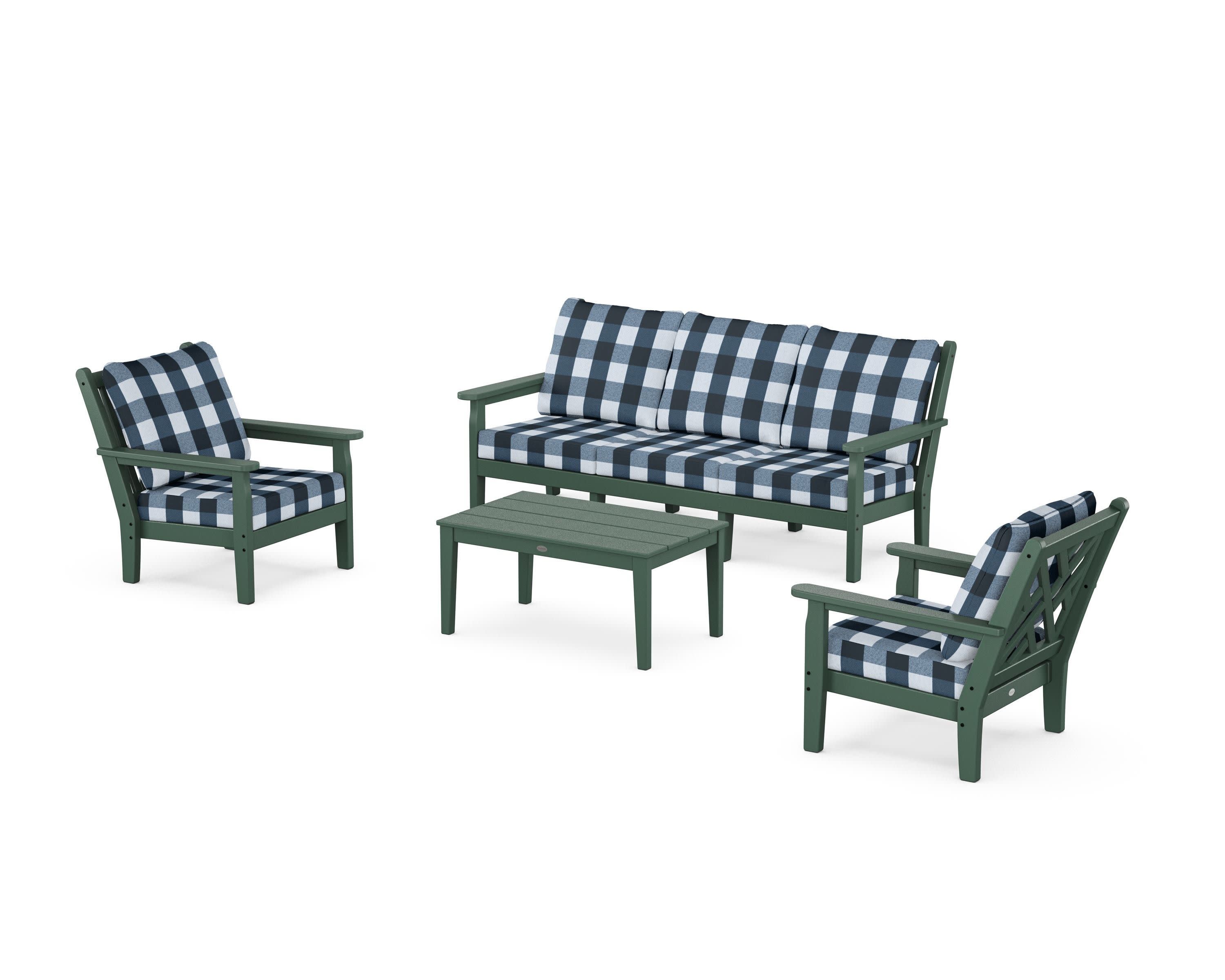 Chippendale 4-Piece Deep Seating Set with Sofa in Green / Buffalo Plaid Marine Indigo