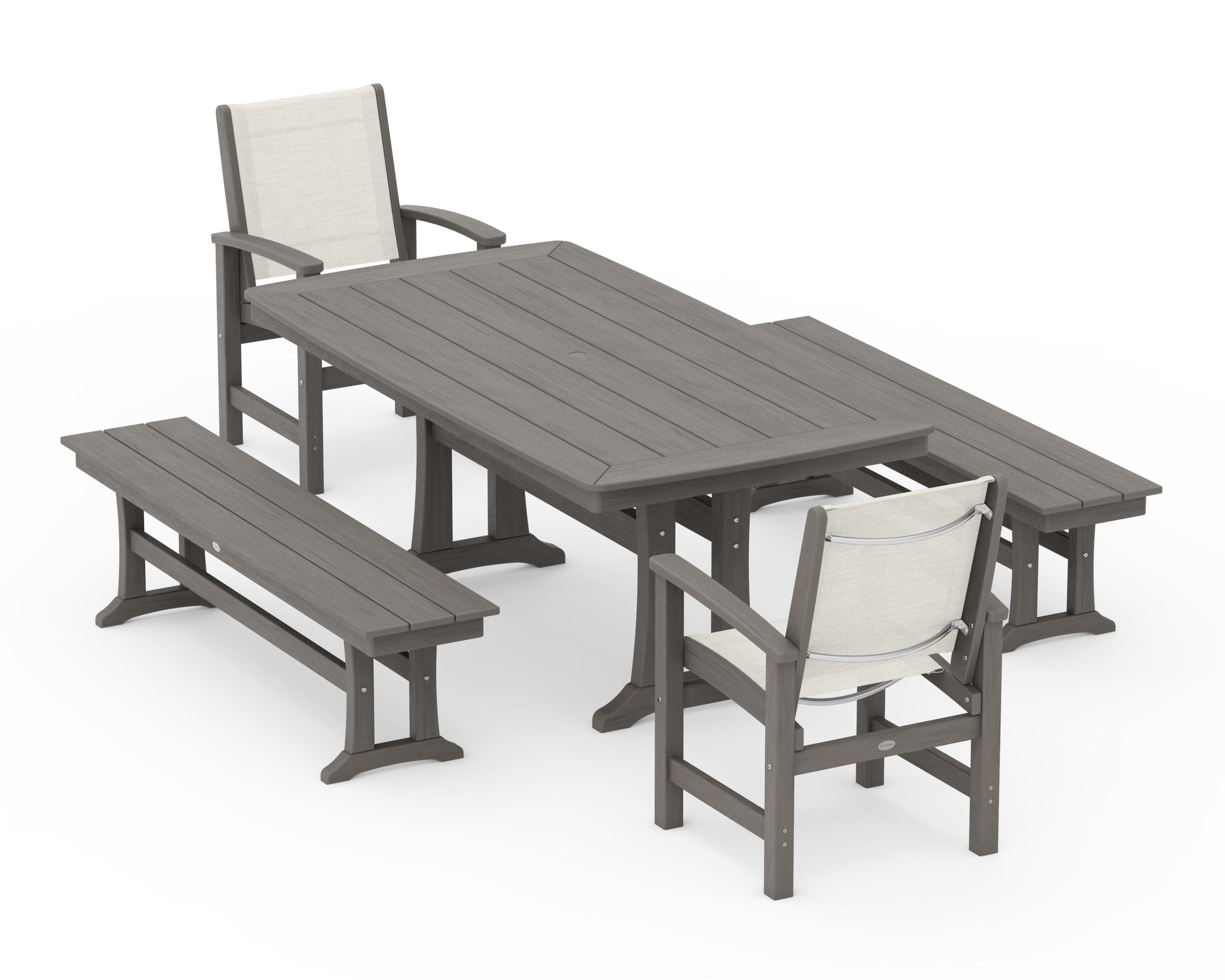 Coastal 5-Piece Dining Set with Trestle Legs and Benches in Driftwood / Parchment Sling