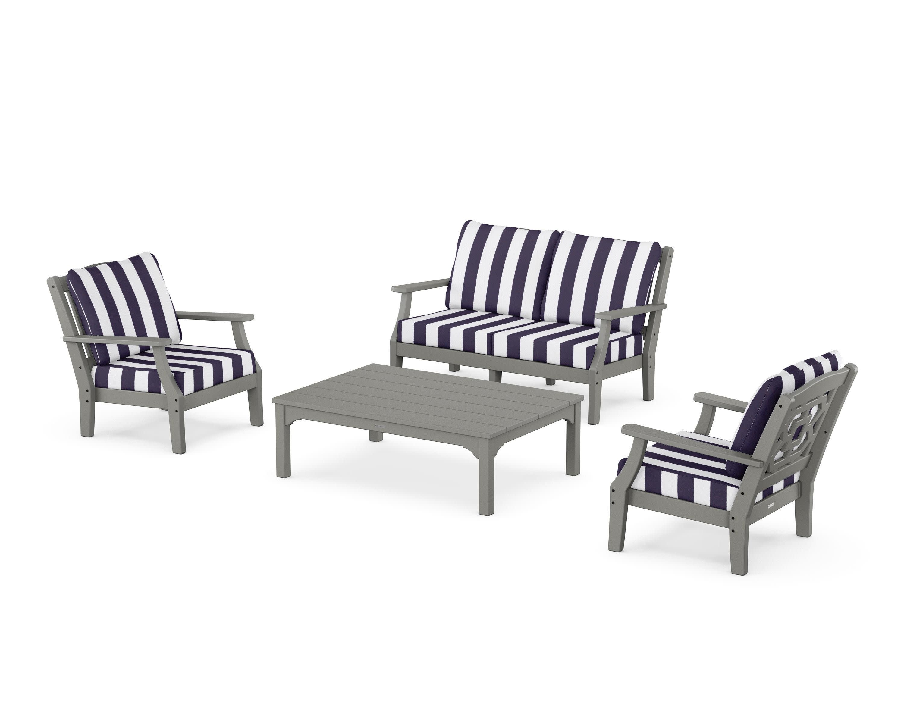 Chinoiserie 4-Piece Deep Seating Set with Loveseat in Slate Grey / Cabana Stripe Navy