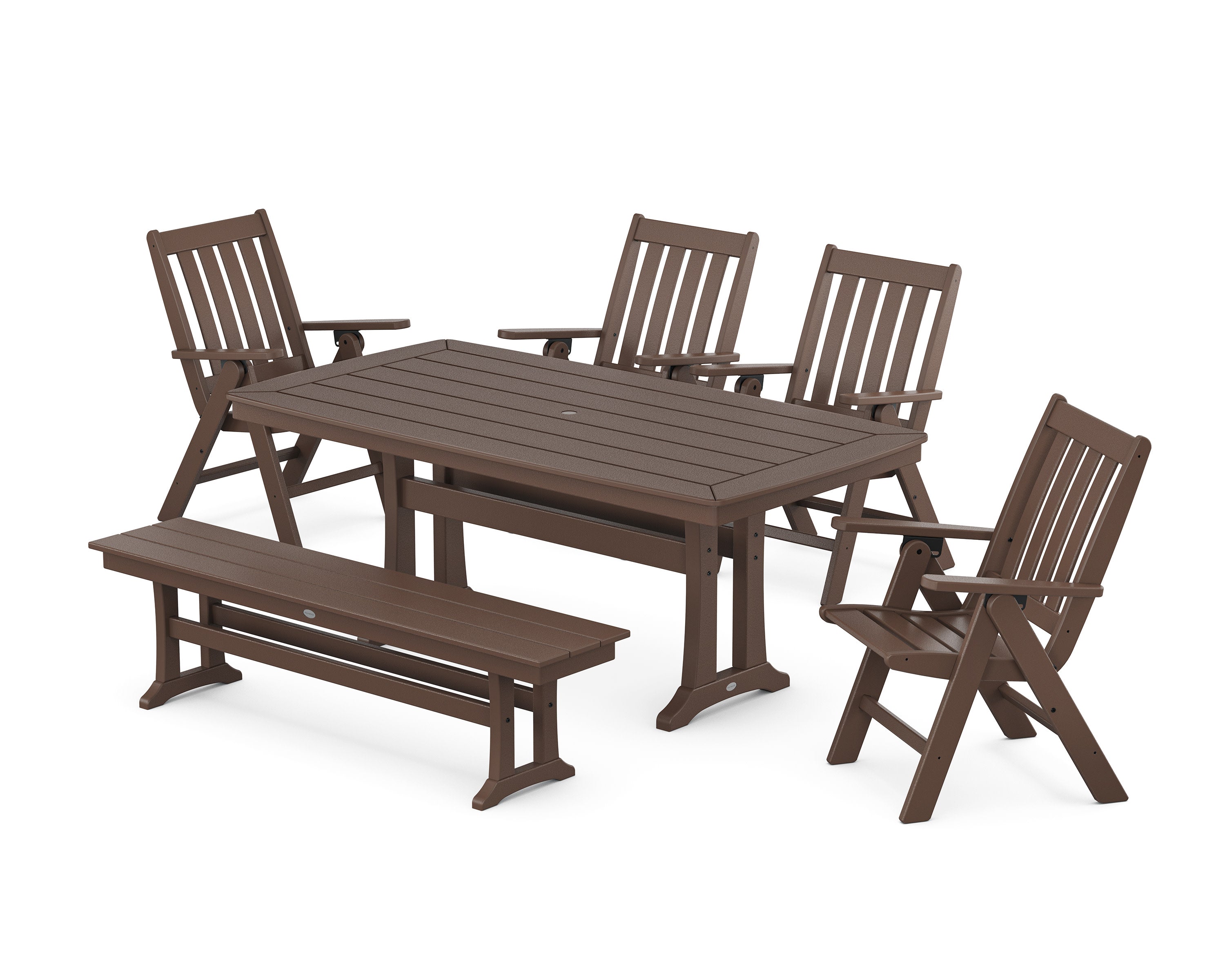 Vineyard Folding Chair 6-Piece Dining Set with Trestle Legs and Bench in Mahogany