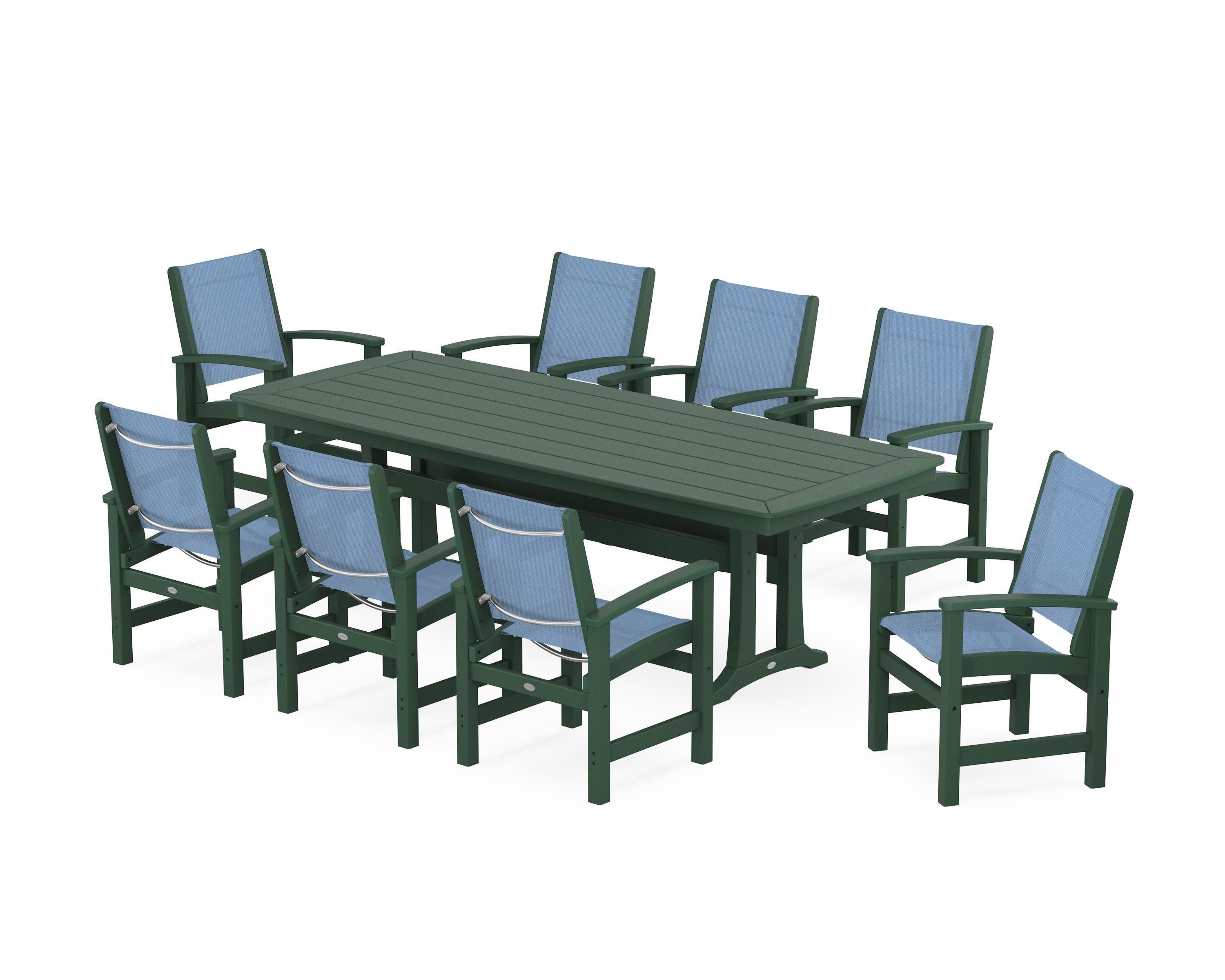 Coastal 9-Piece Dining Set with Trestle Legs in Green / Poolside Sling
