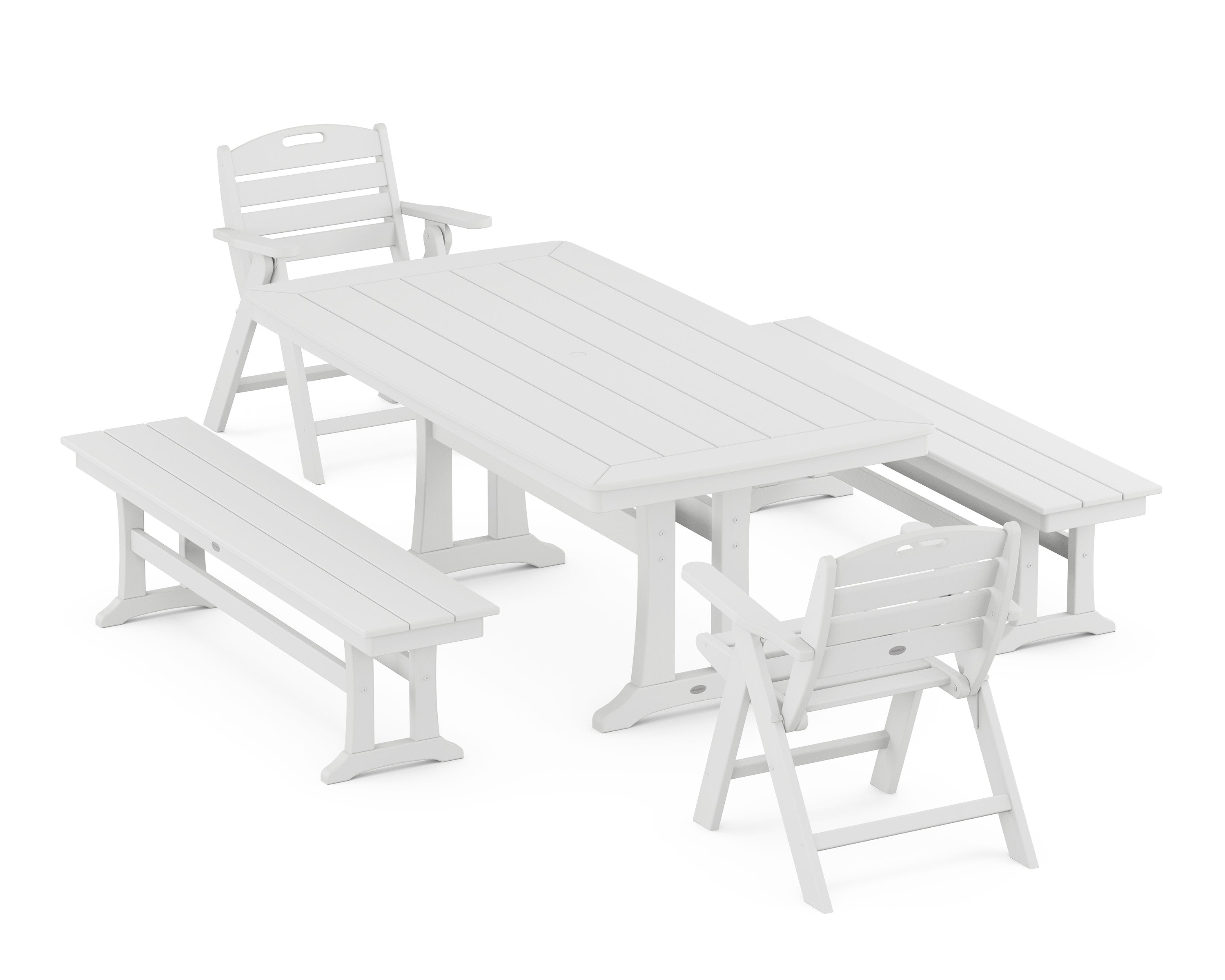 Nautical Folding Lowback Chair 5-Piece Dining Set with Trestle Legs and Benches in White