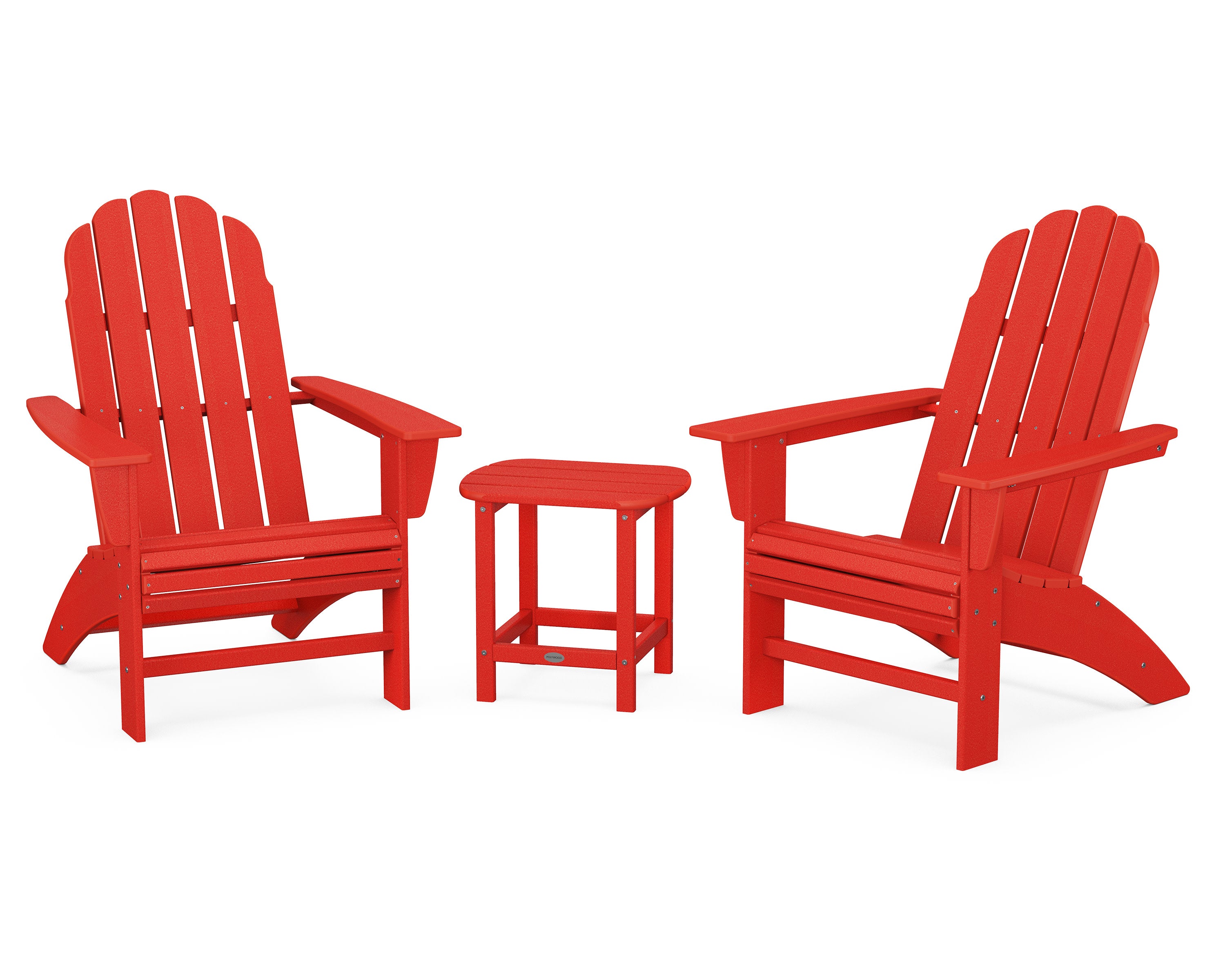 Vineyard 3-Piece Curveback Adirondack Set with South Beach 18" Side Table in Sunset Red