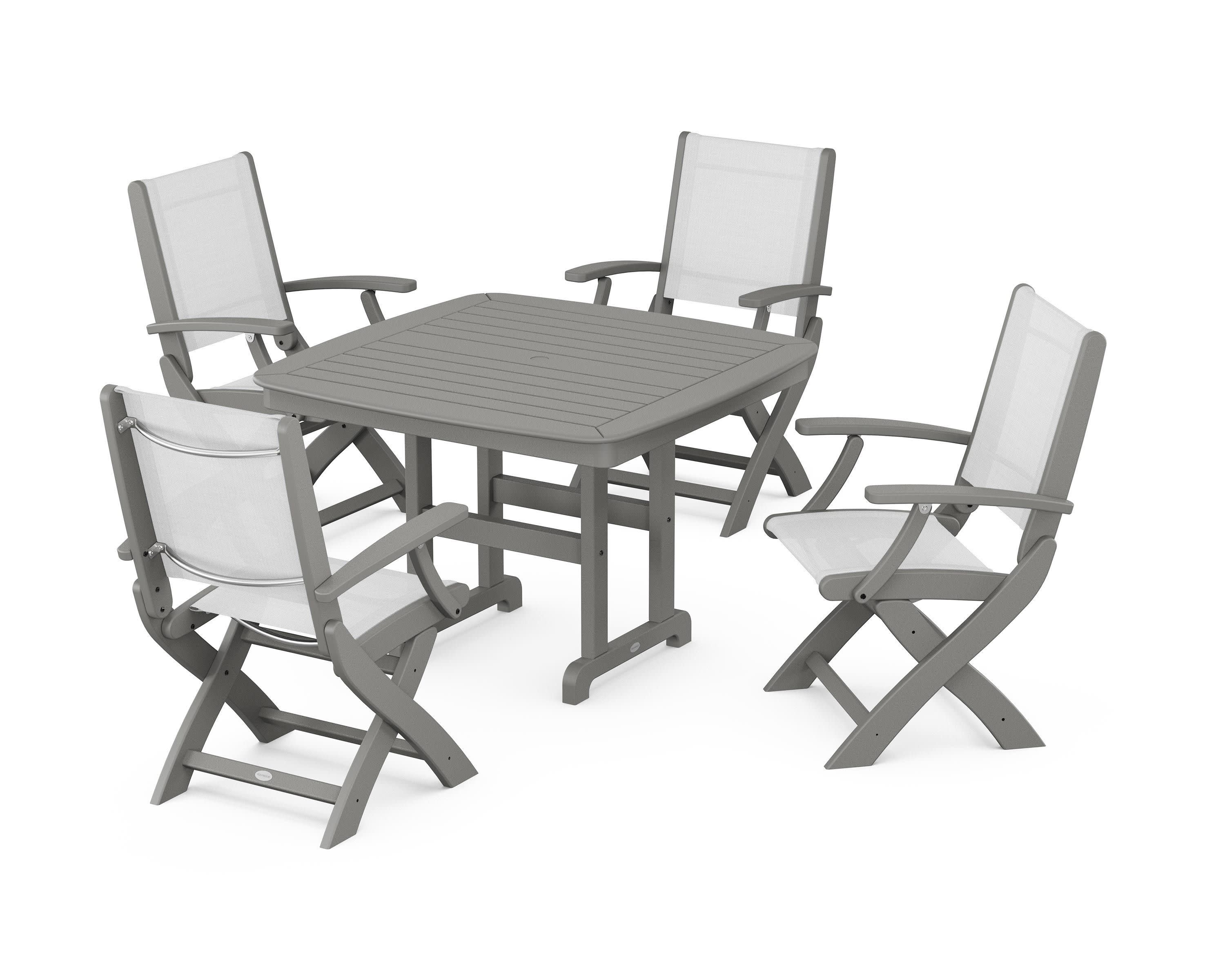 Coastal Folding Chair 5-Piece Dining Set in Slate Grey / White Sling