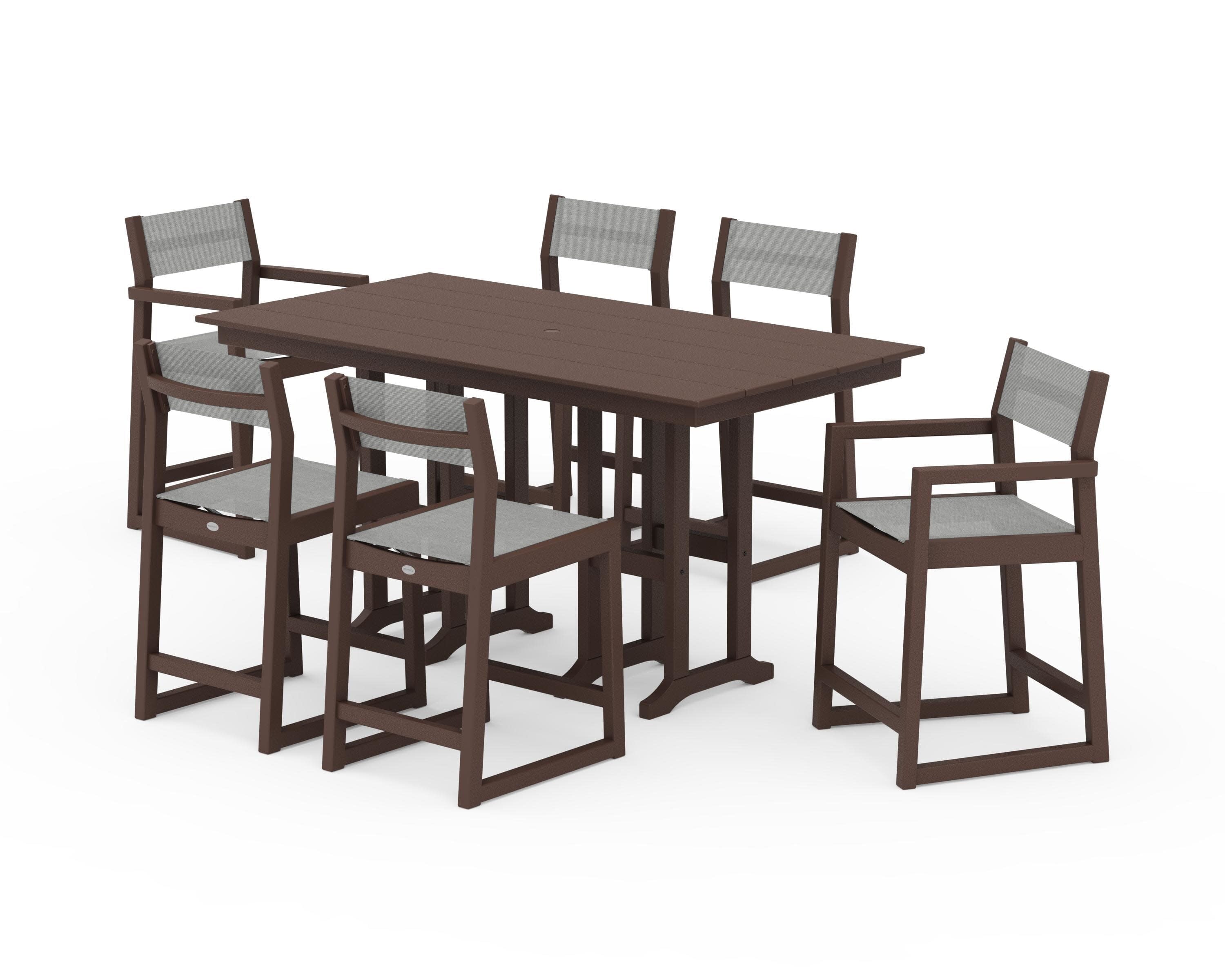 EDGE Sling 7-Piece Farmhouse Counter Set with Trestle Legs in Mahogany / Metallic Sling