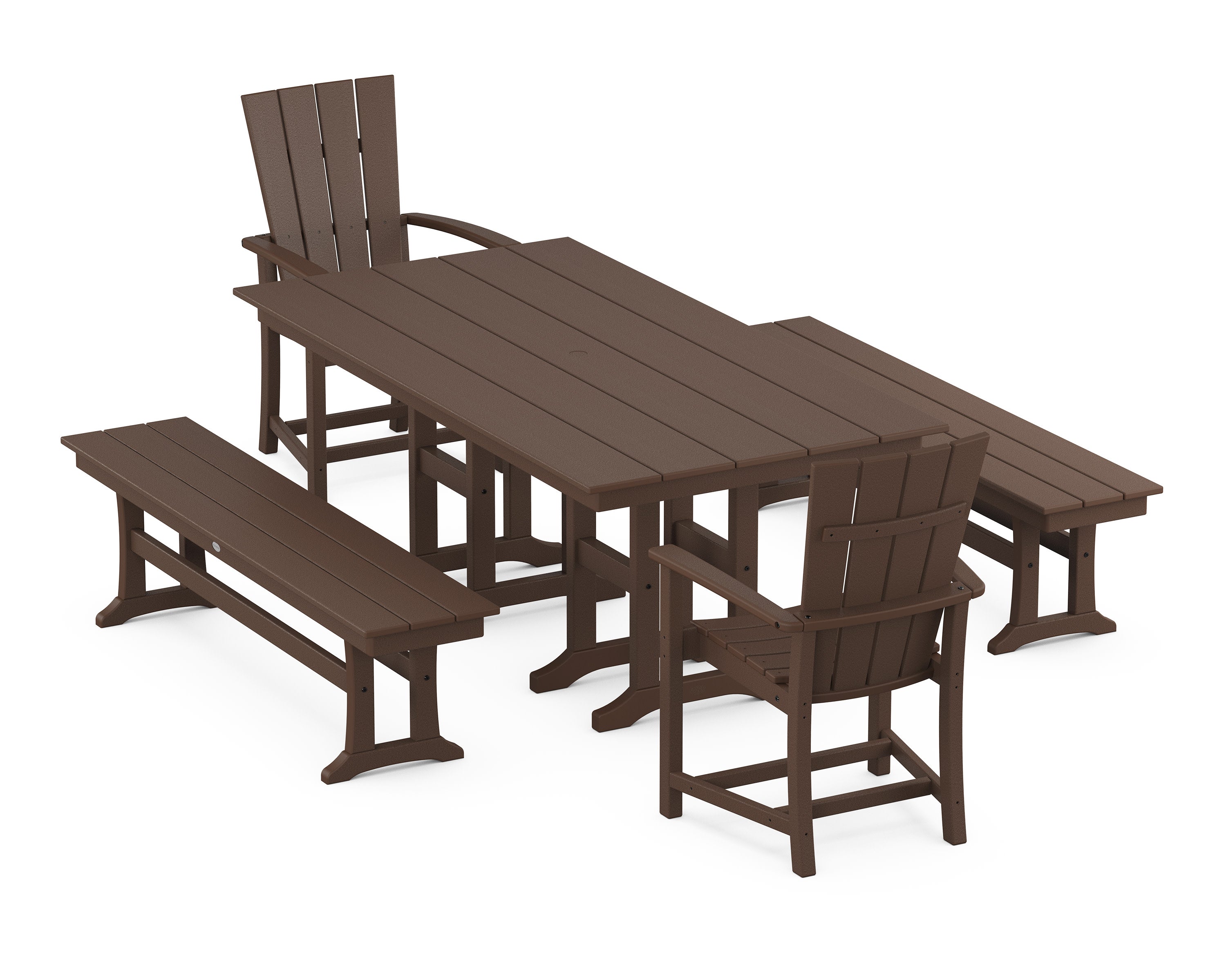 Quattro 5-Piece Farmhouse Dining Set with Benches in Mahogany