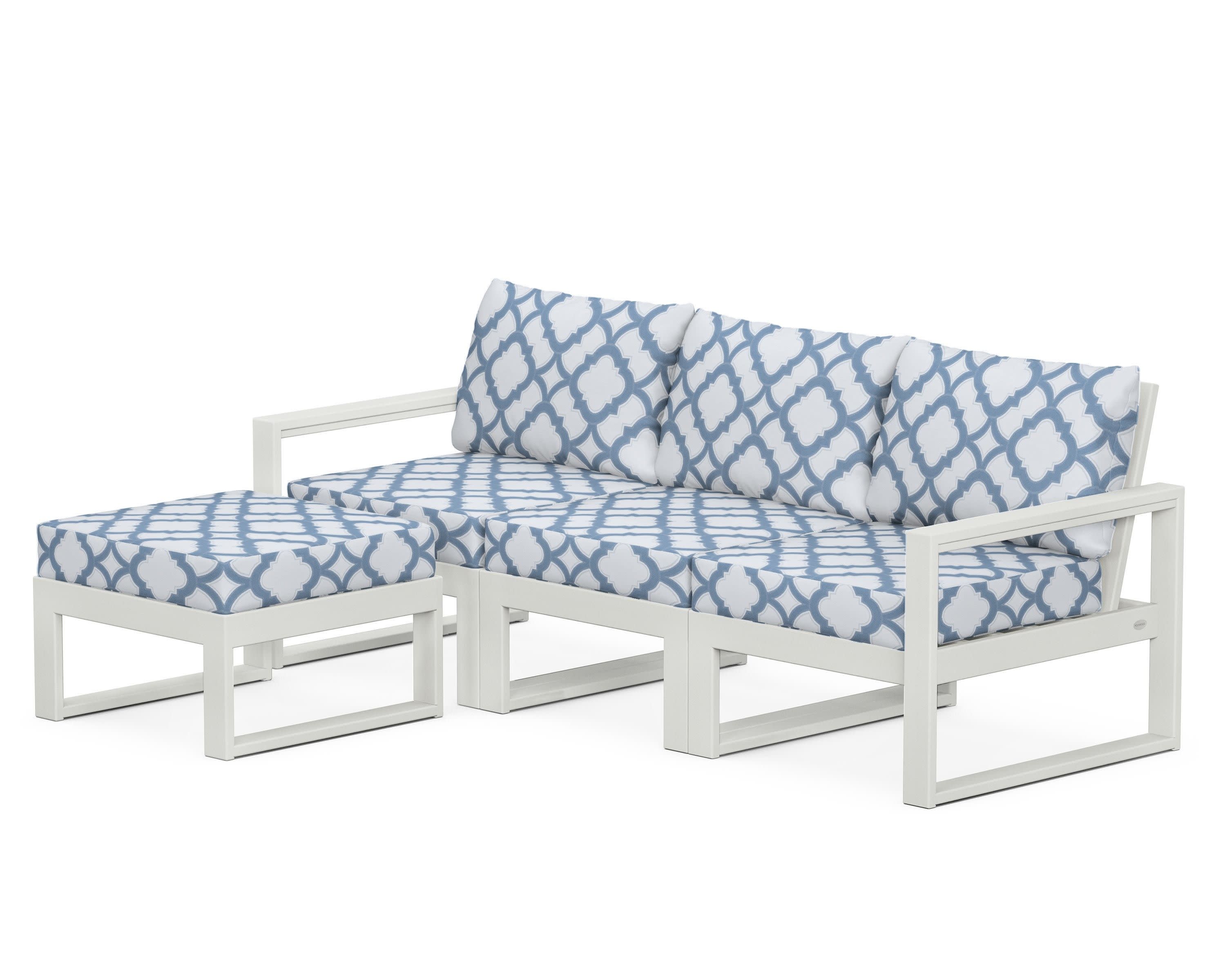 EDGE 4-Piece Modular Deep Seating Set with Ottoman in Vintage White / Trellis Sky Blue