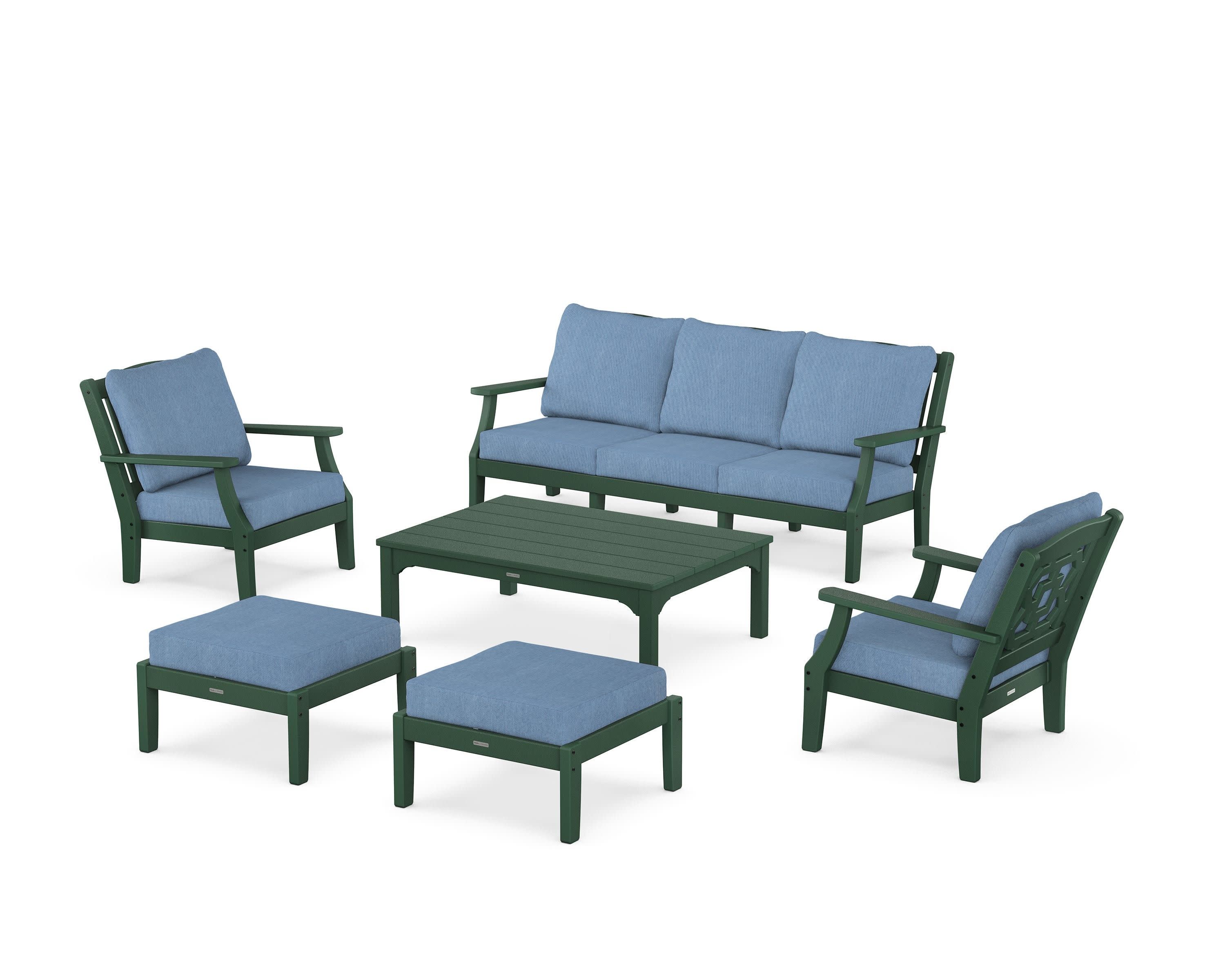 Chinoiserie 6-Piece Lounge Sofa Set in Green / Sky Blue