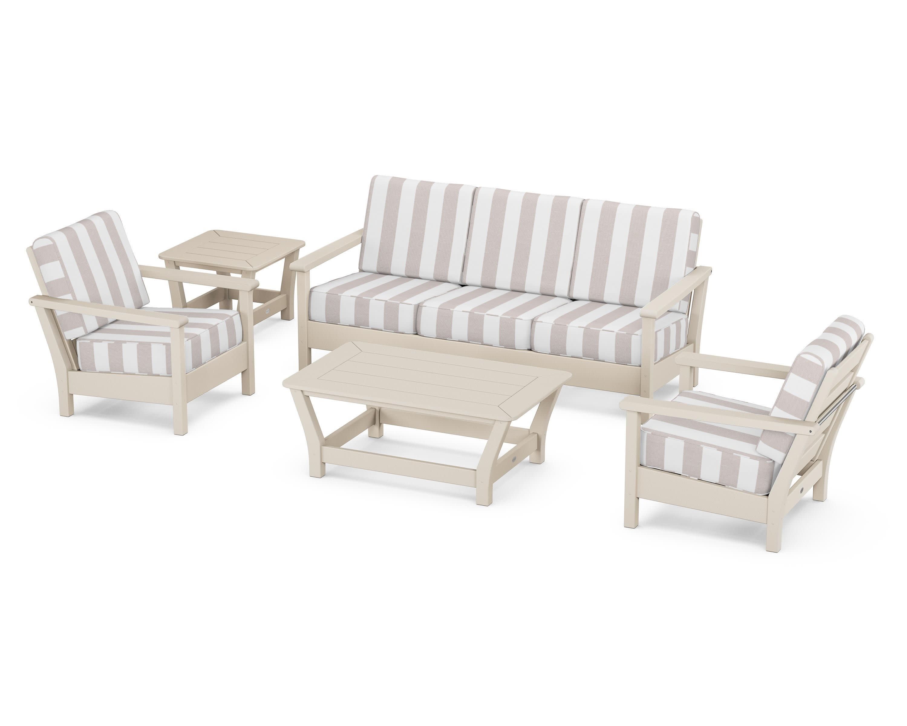 Harbour 5-Piece Deep Seating Set in Sand / Cabana Stripe Dune Burlap