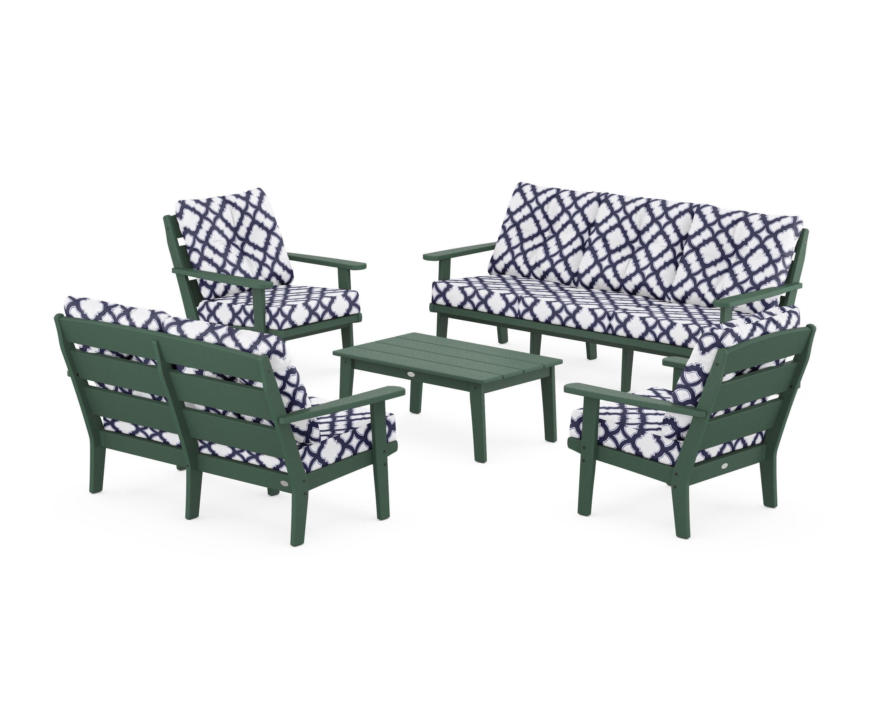 Lakeside 5-Piece Lounge Sofa Set in Green / Trellis Navy