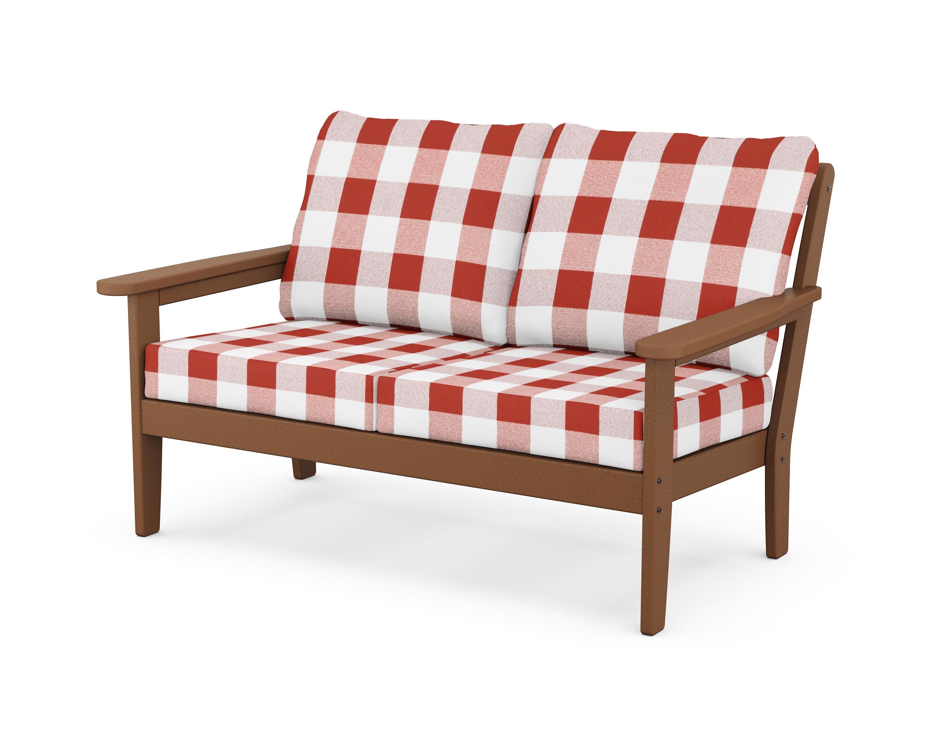 Cottage Deep Seating Loveseat in Teak / Buffalo Plaid Crimson
