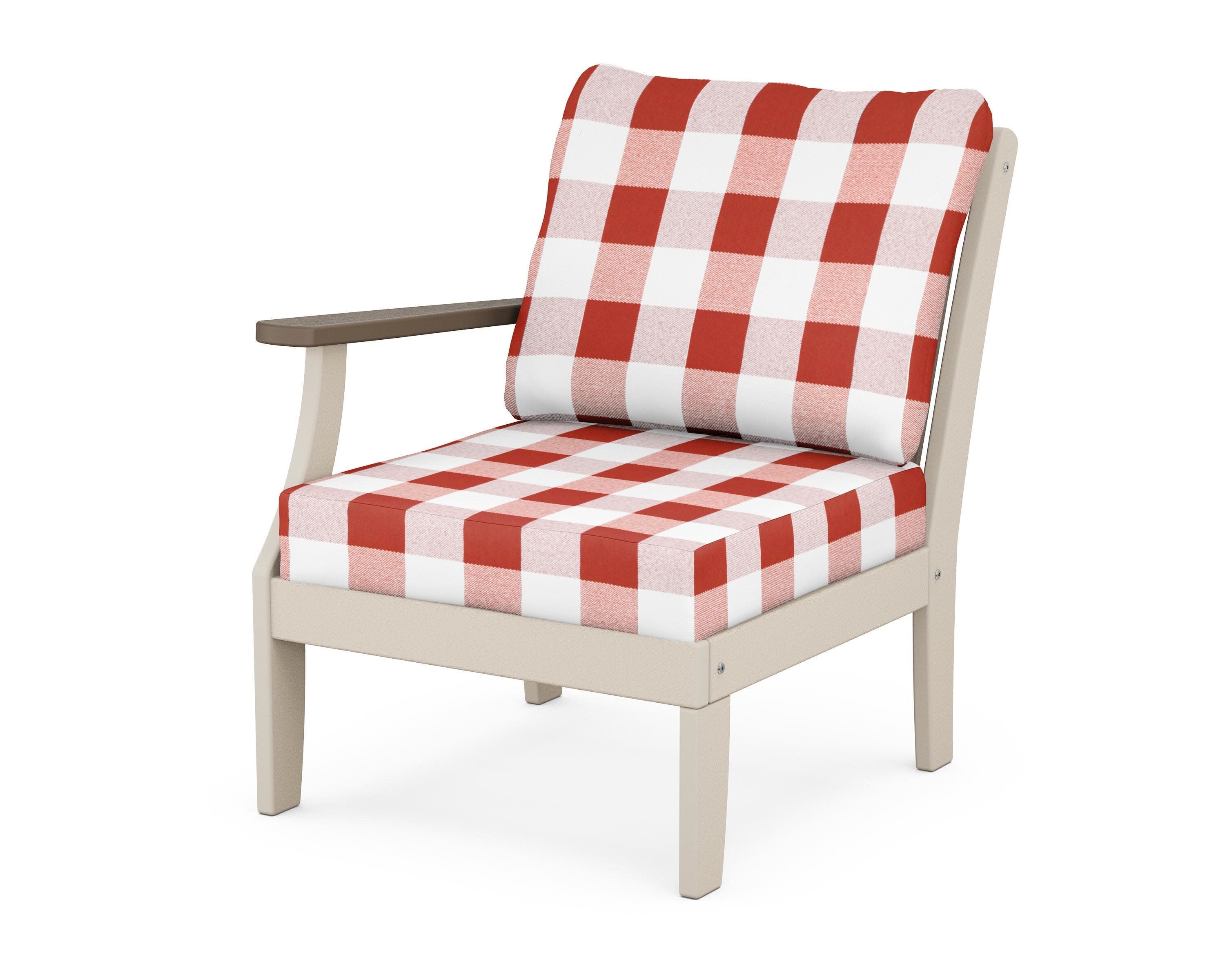 Braxton Modular Left Arm Chair in Sand / Kona / Buffalo Plaid Crimson