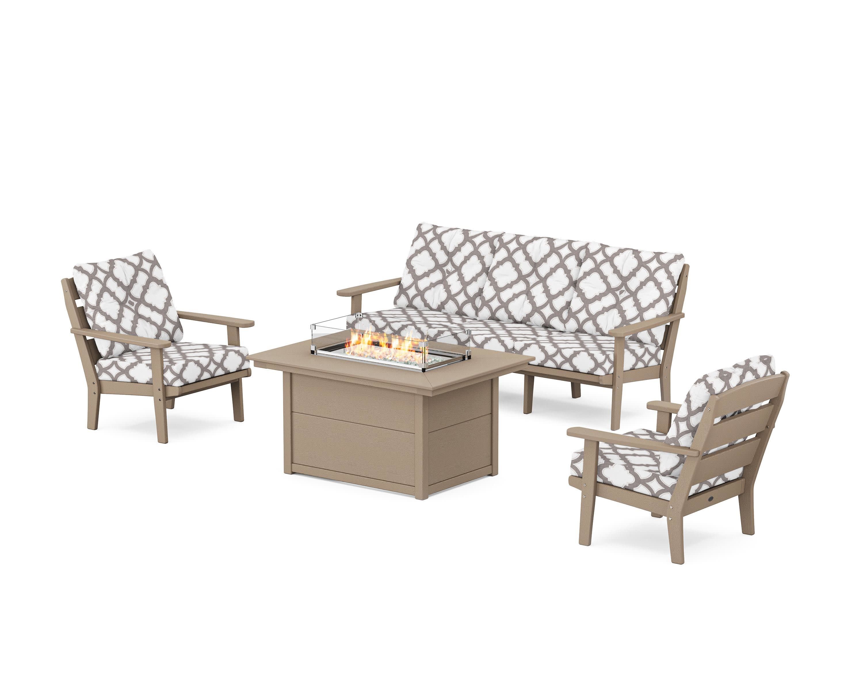 Lakeside Deep Seating Fire Pit Table Set in Vintage Sahara / Trellis Grey Mist