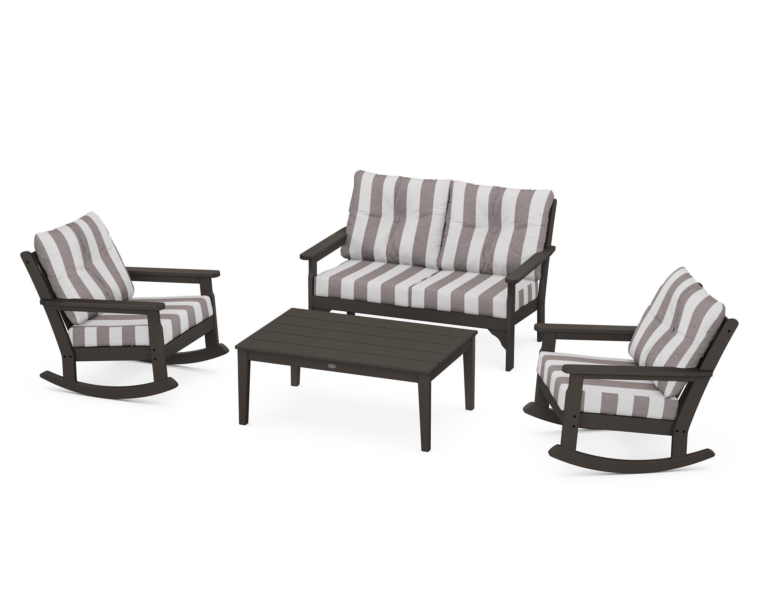 Vineyard 4-Piece Deep Seating Rocking Chair Set in Vintage Coffee / Cabana Stripe Grey Mist