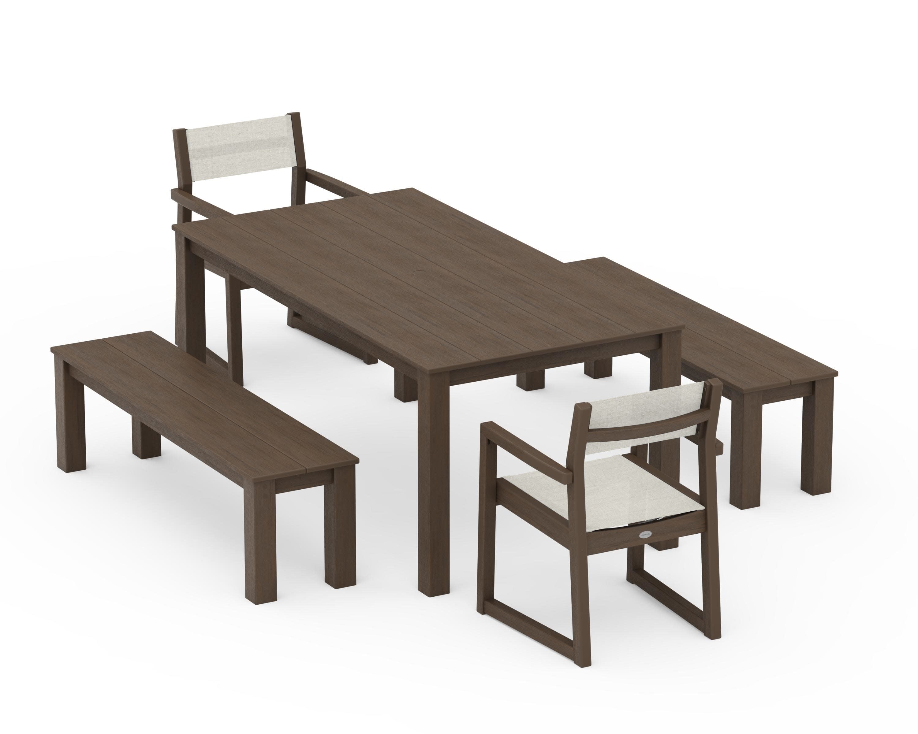 EDGE Sling Arm Chair 5-Piece Parsons Dining Set with Benches in Kona / Parchment Sling
