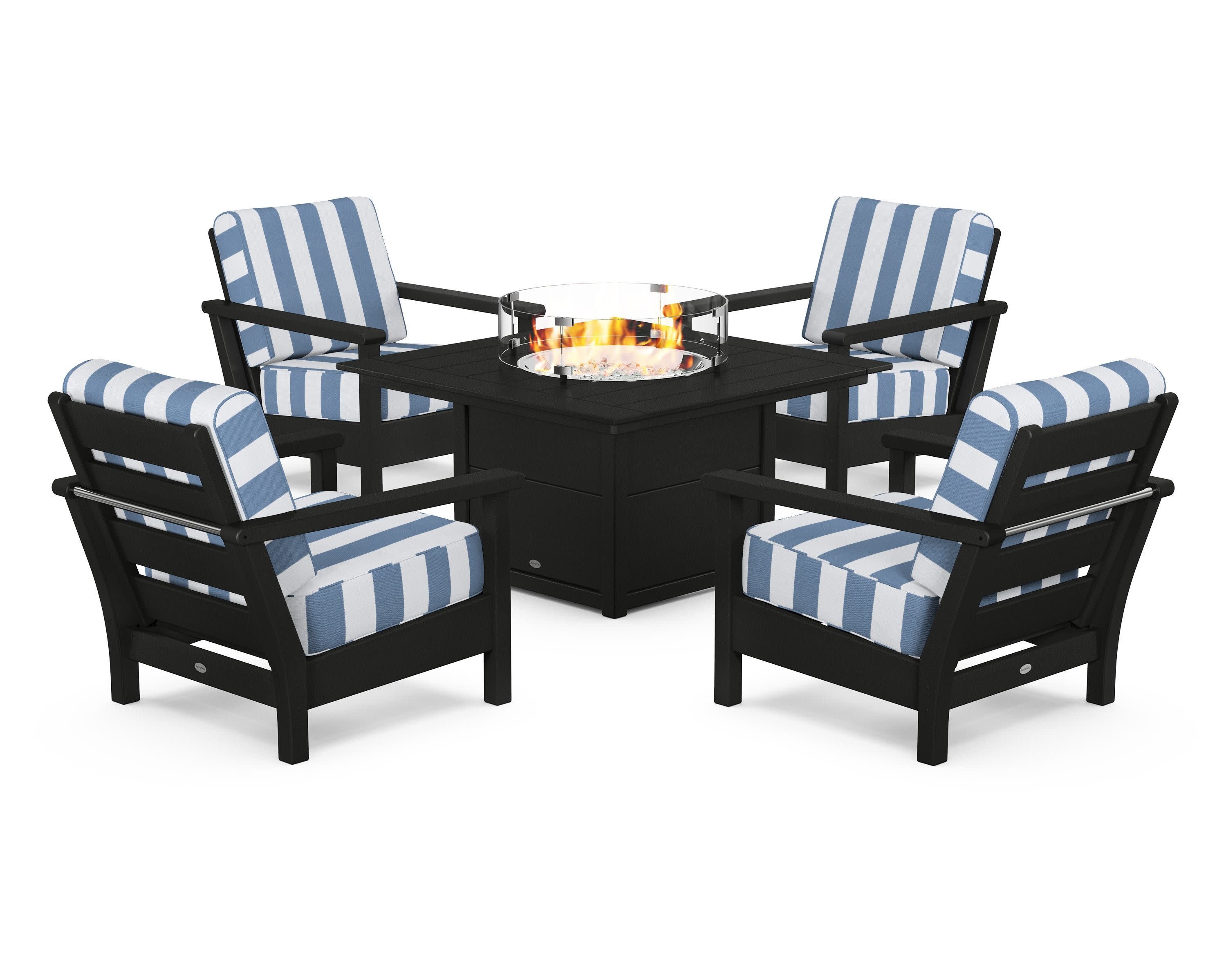 Harbour 5-Piece Conversation Set with Fire Pit Table in Black / Cabana Stripe Sky Blue