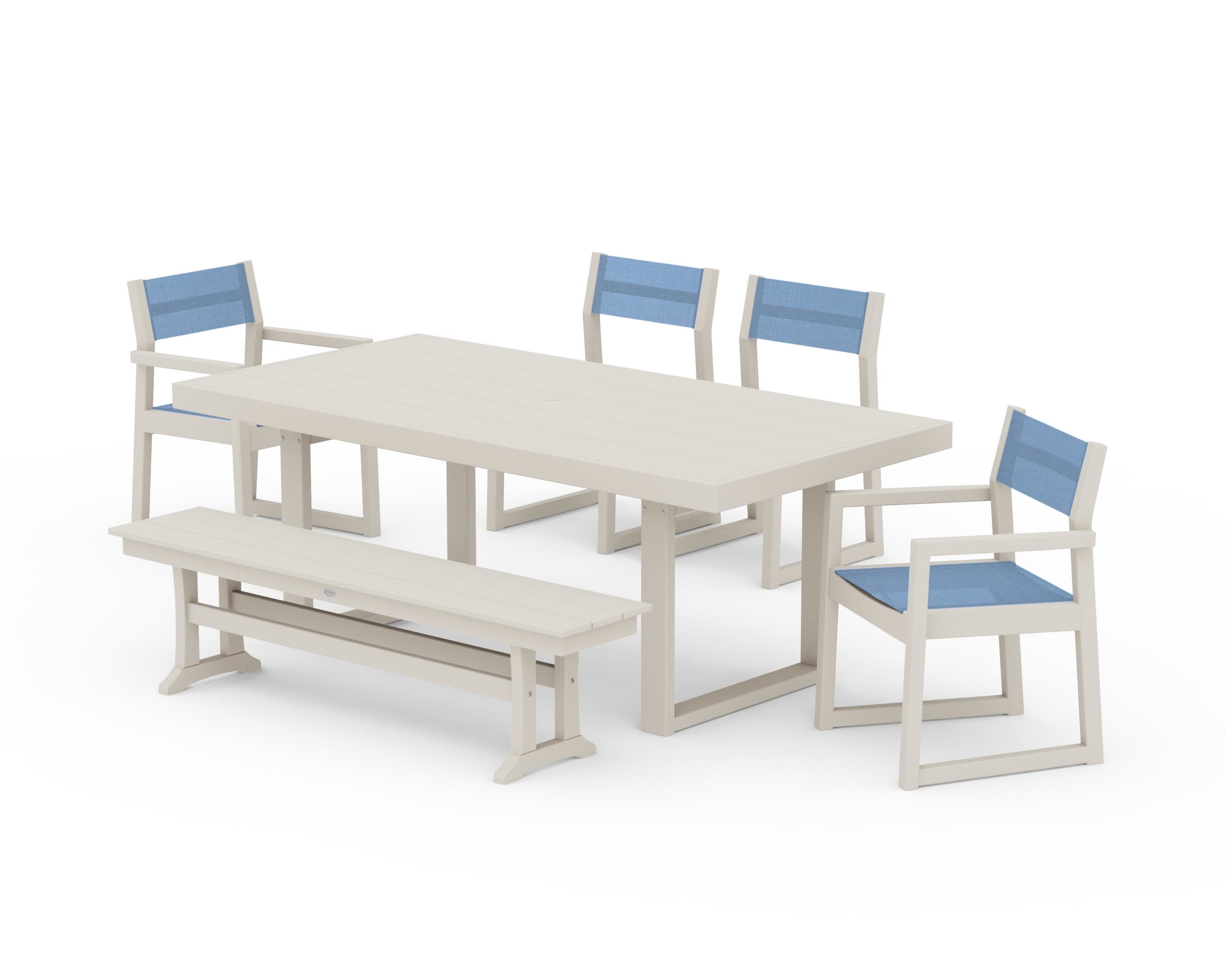 EDGE Sling 6-Piece Dining Set with Bench in Sand / Poolside Sling