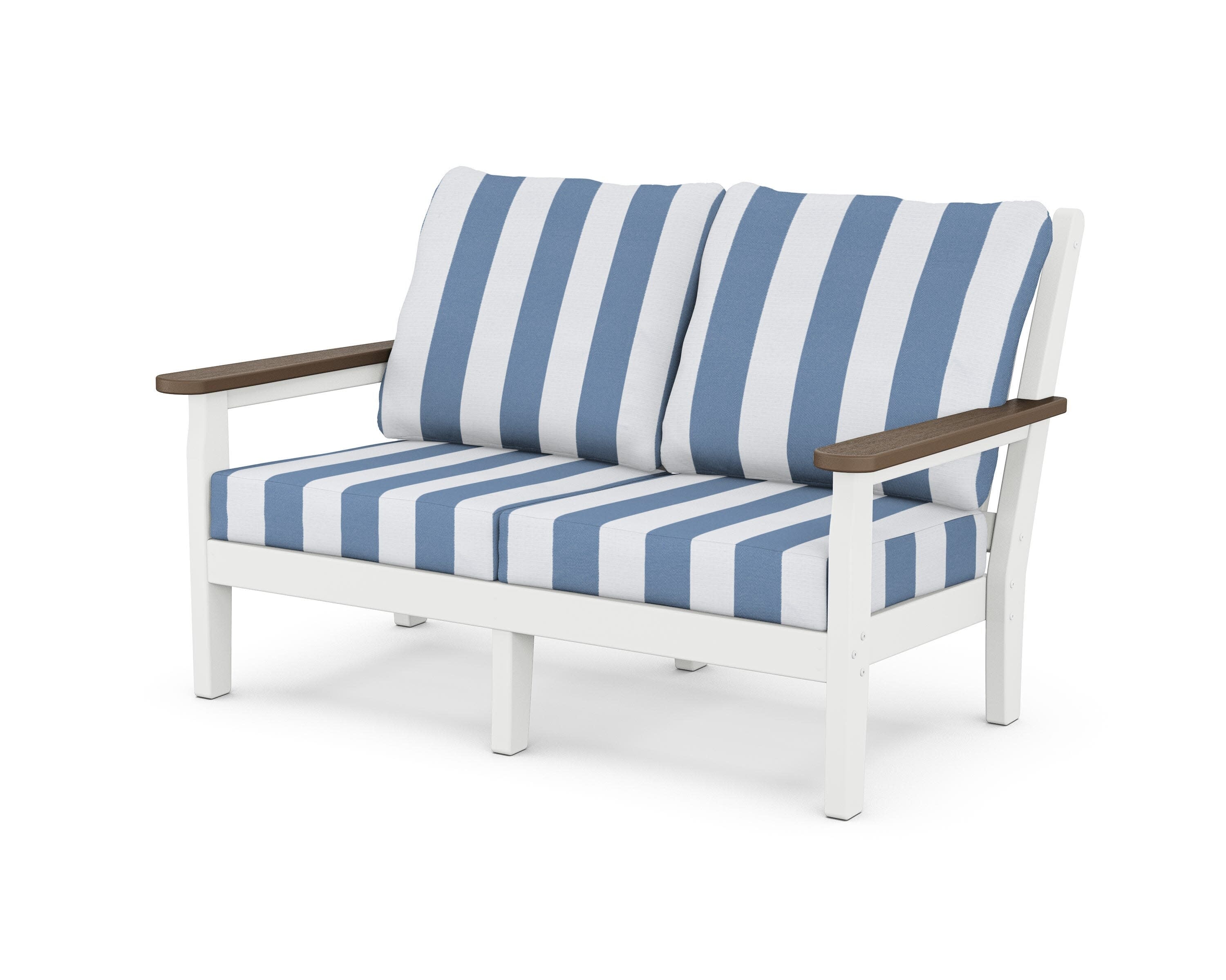 Chippendale Deep Seating Loveseat in White / Kona / Cabana Stripe Sky Blue