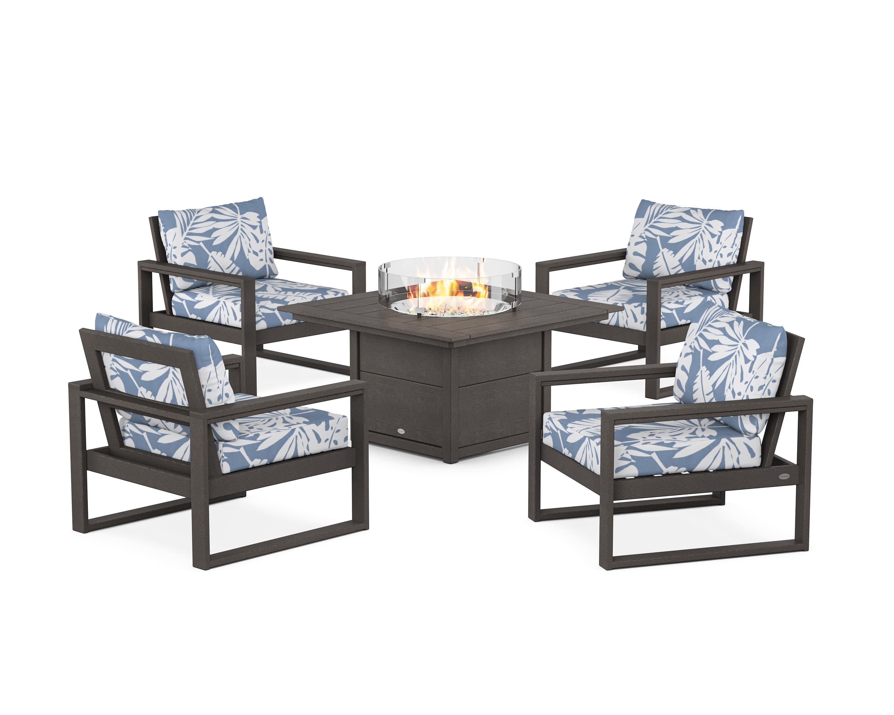 EDGE Sectional 5-Piece Deep Seating Set with Fire Pit Table in Vintage Coffee / Leaf Sky Blue