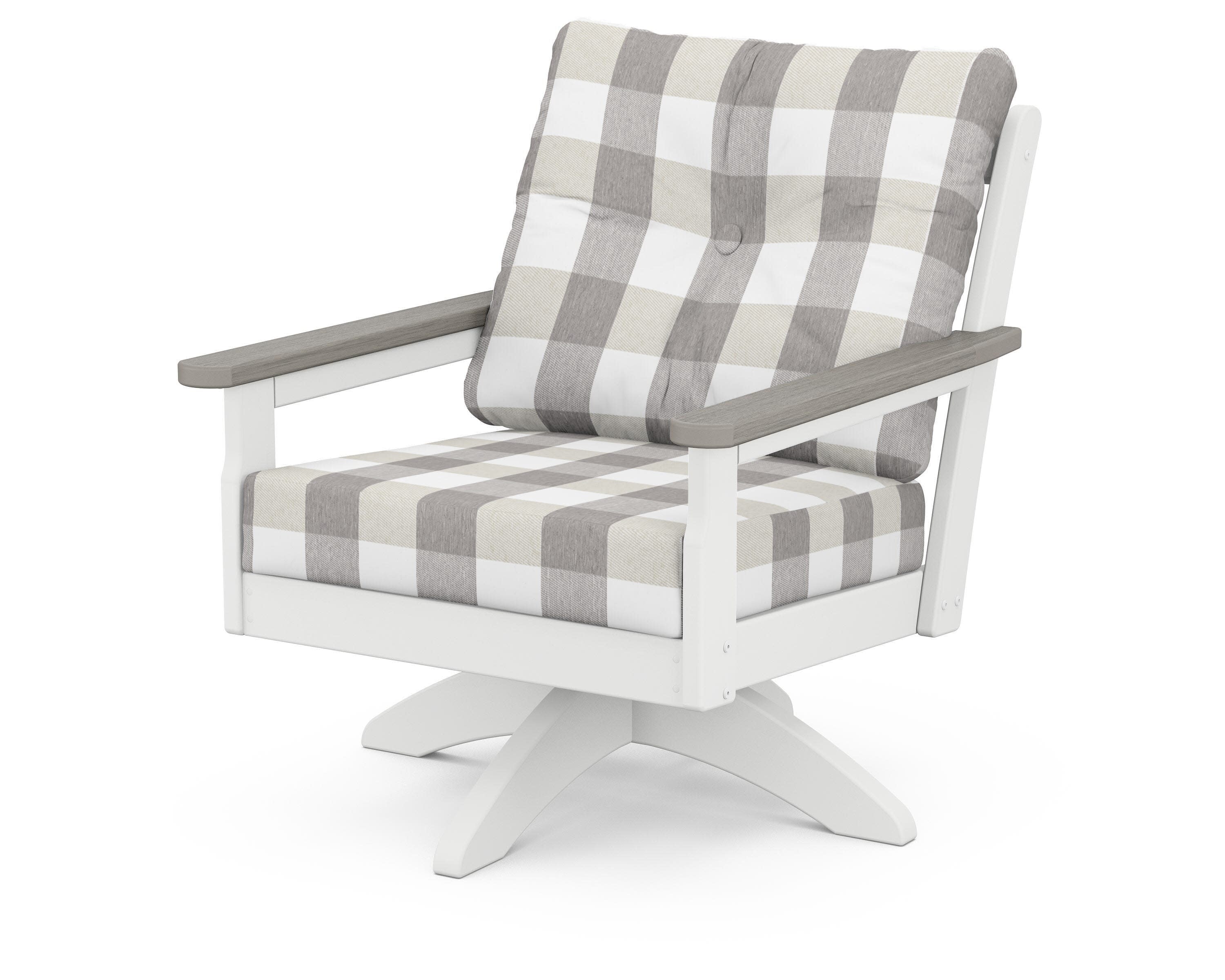 Vineyard Deep Seating Swivel Chair in White / Driftwood / Buffalo Plaid Grey Mist