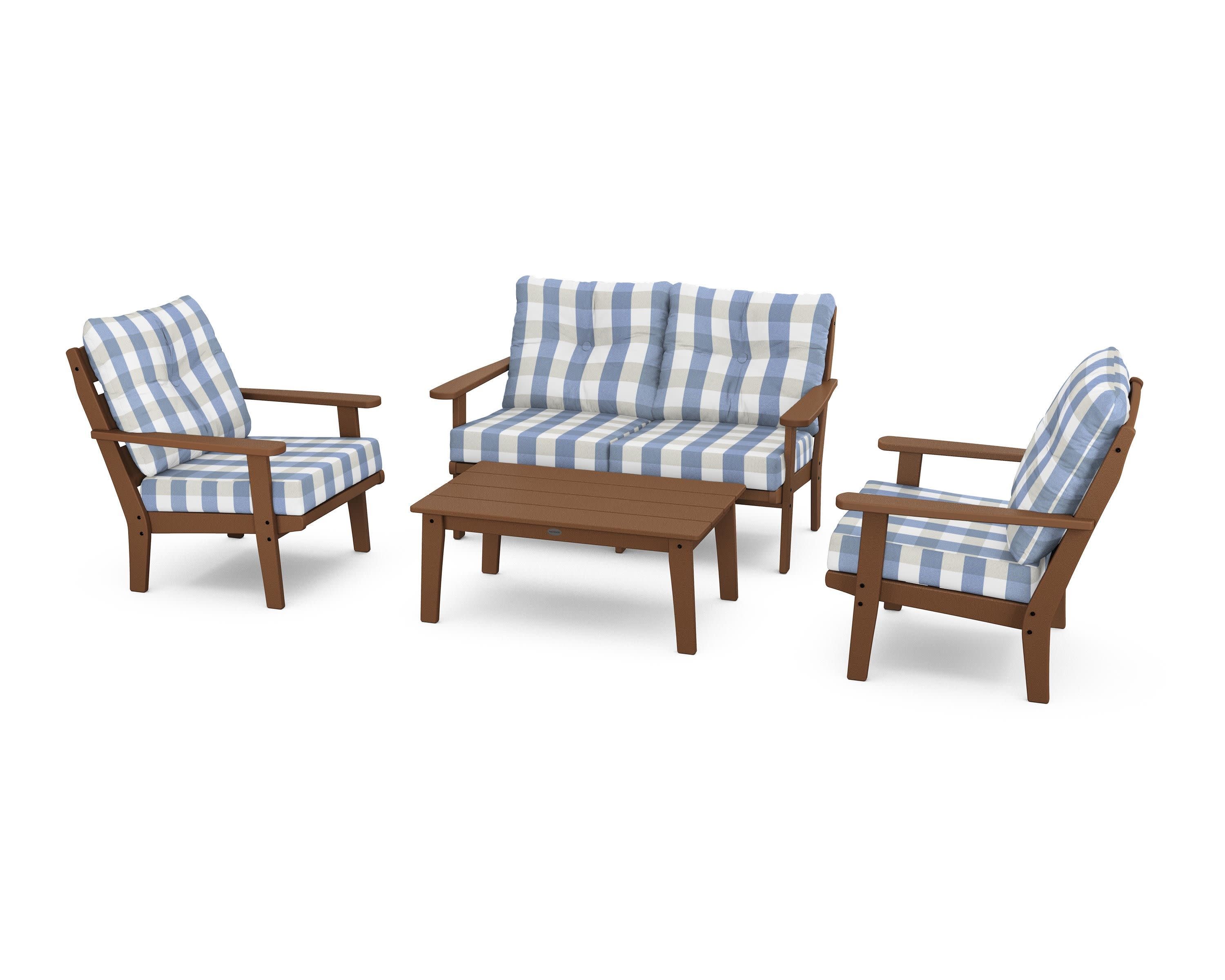 Lakeside 4-Piece Deep Seating Set in Teak / Buffalo Plaid Sky Blue