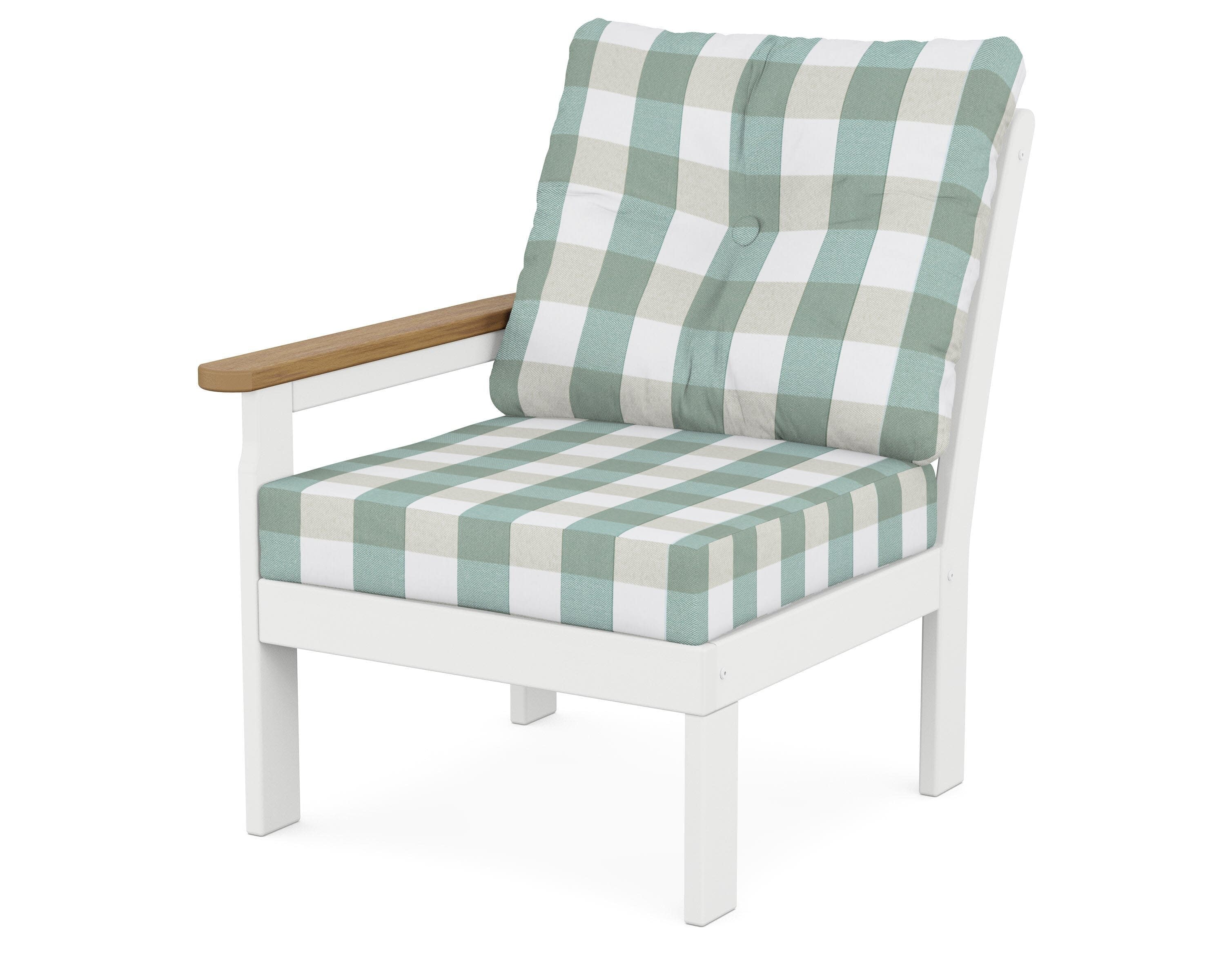 Vineyard Modular Left Arm Chair in White / Natural / Buffalo Plaid Glacier Spa