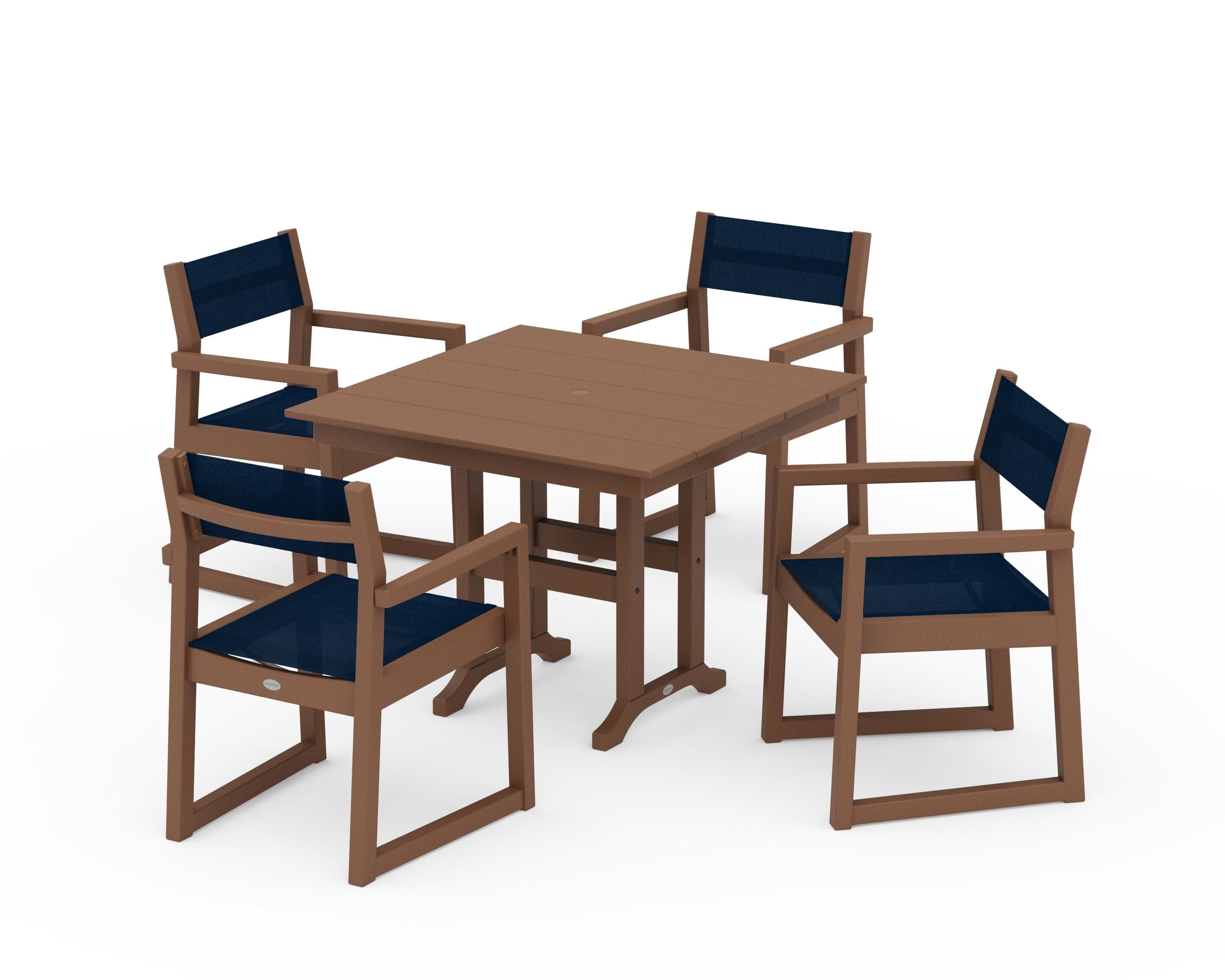 EDGE Sling Arm Chair 5-Piece Farmhouse Dining Set in Teak / Navy Blue Sling