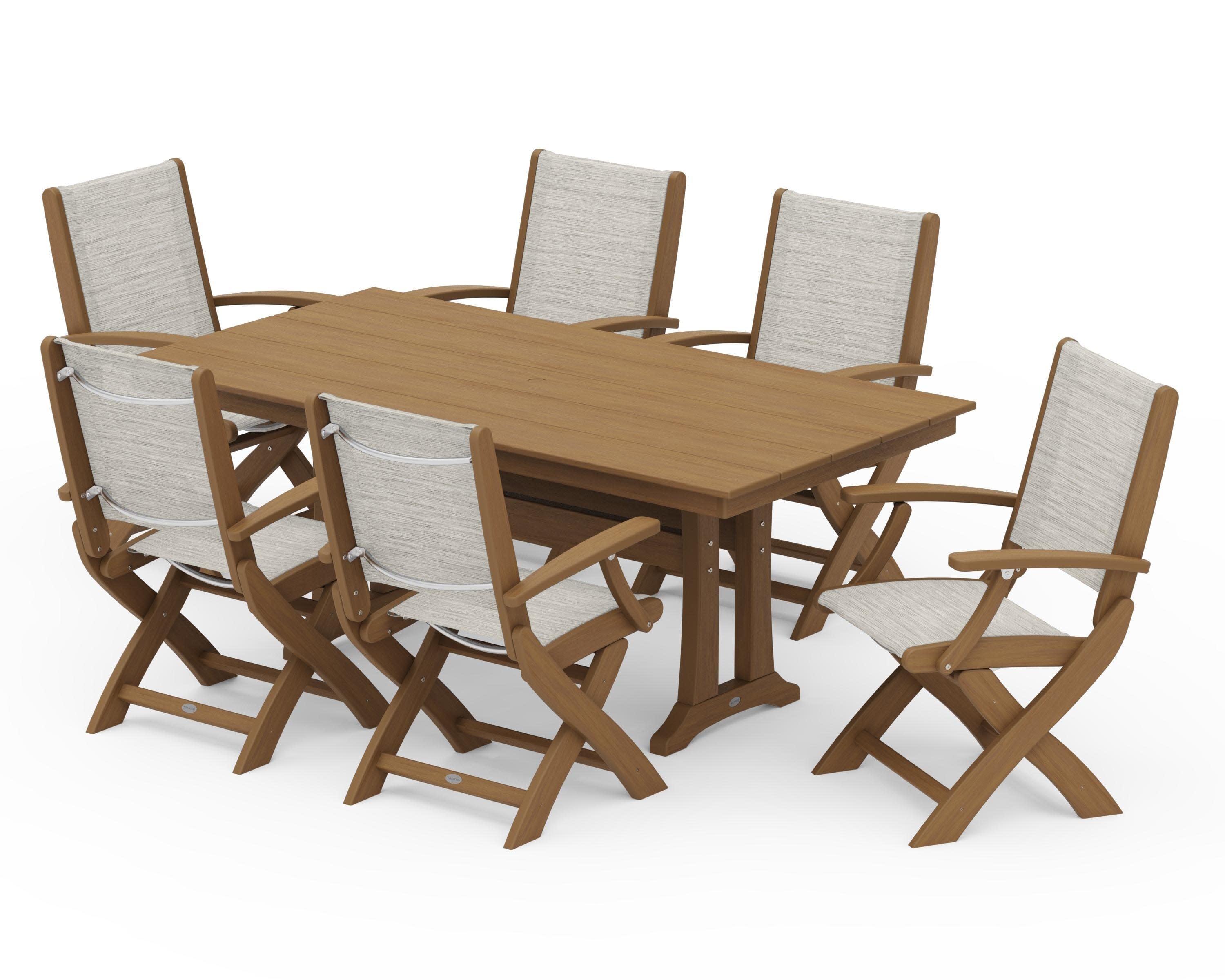 Coastal Folding Arm Chair 7-Piece Farmhouse Dining Set with Trestle Legs in Natural / Birch Sling