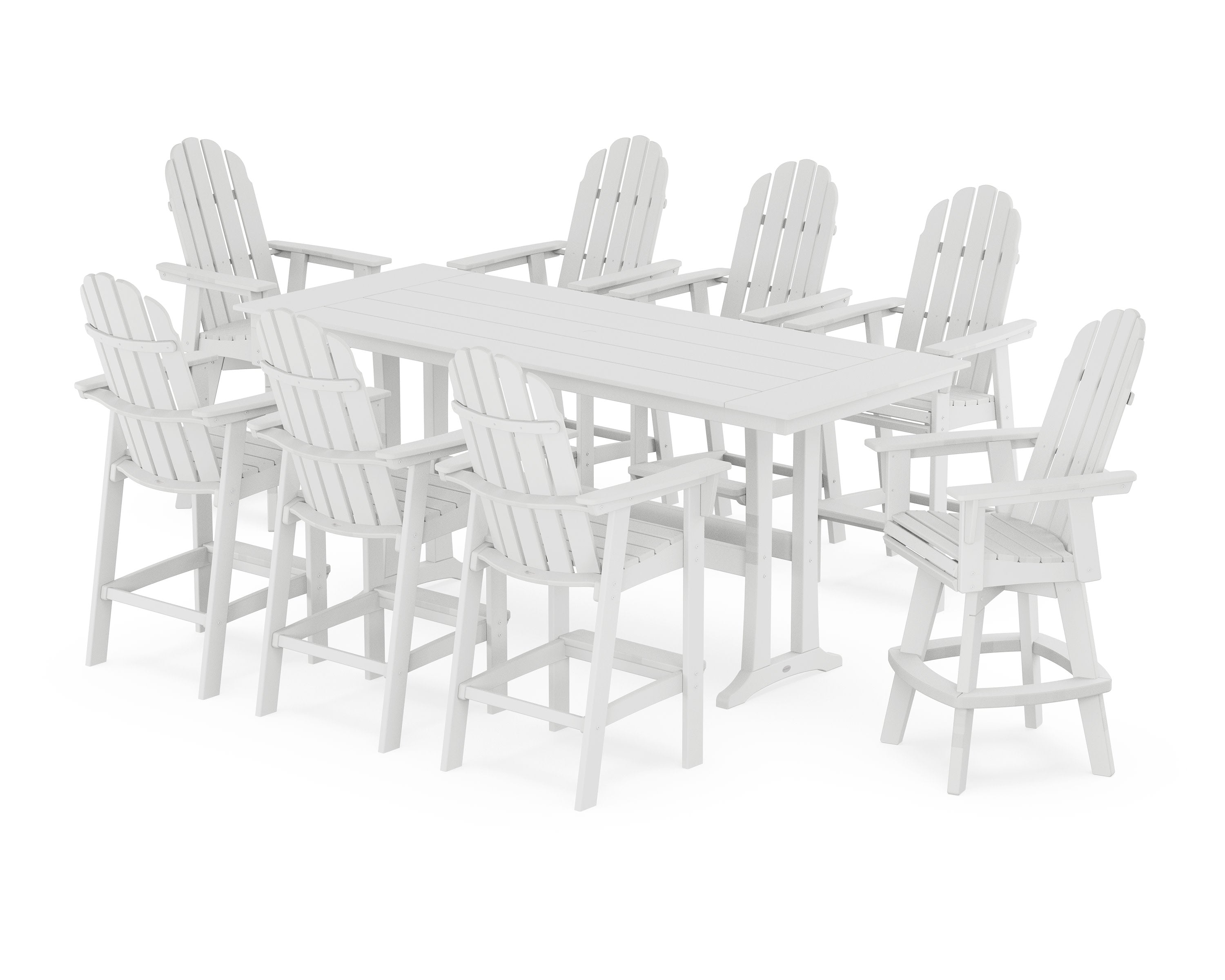 Vineyard Curveback Adirondack Swivel 9-Piece Farmhouse Bar Set with Trestle Legs in White