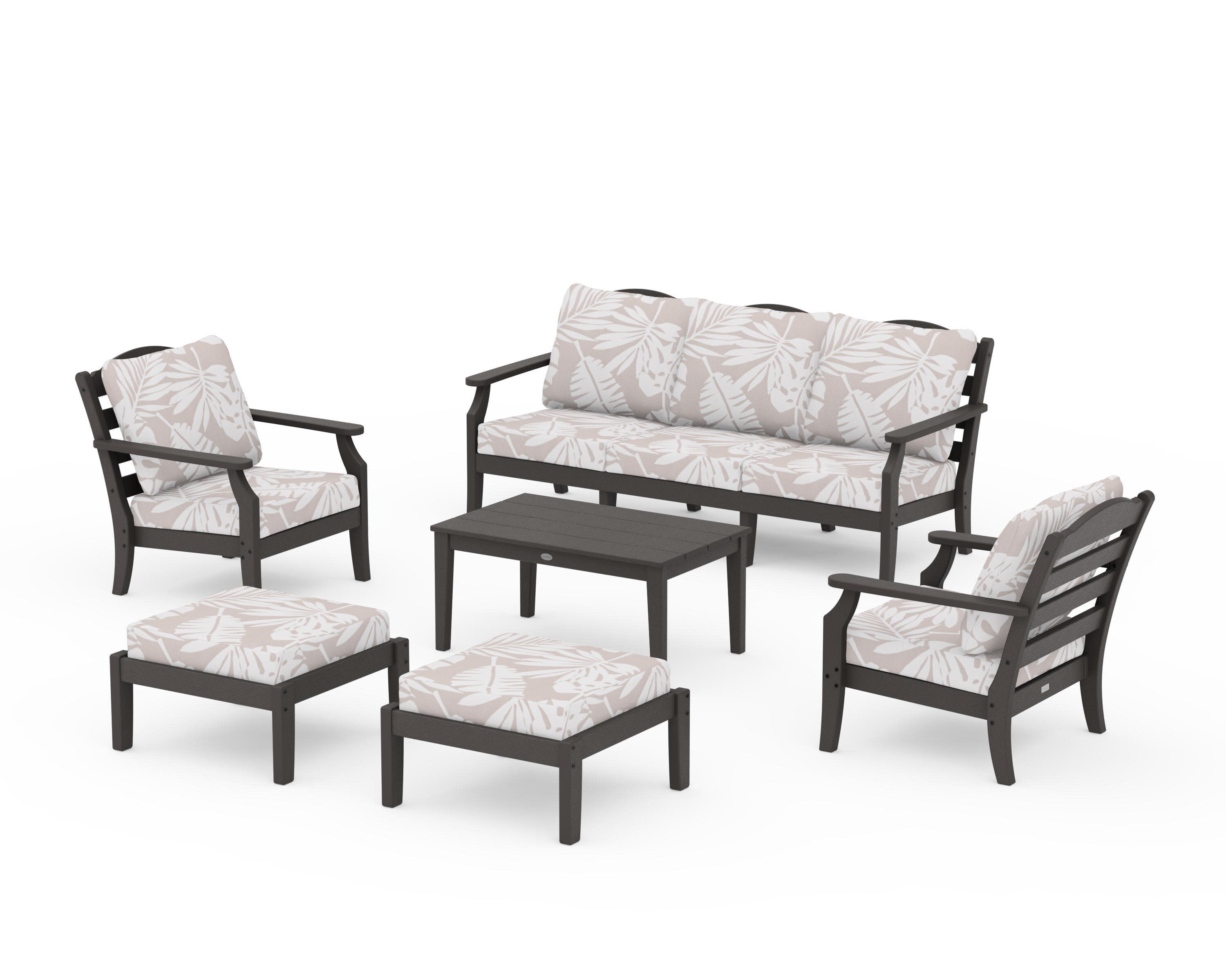 Savannah 6-Piece Lounge Sofa Set in Vintage Coffee / Leaf Dune Burlap