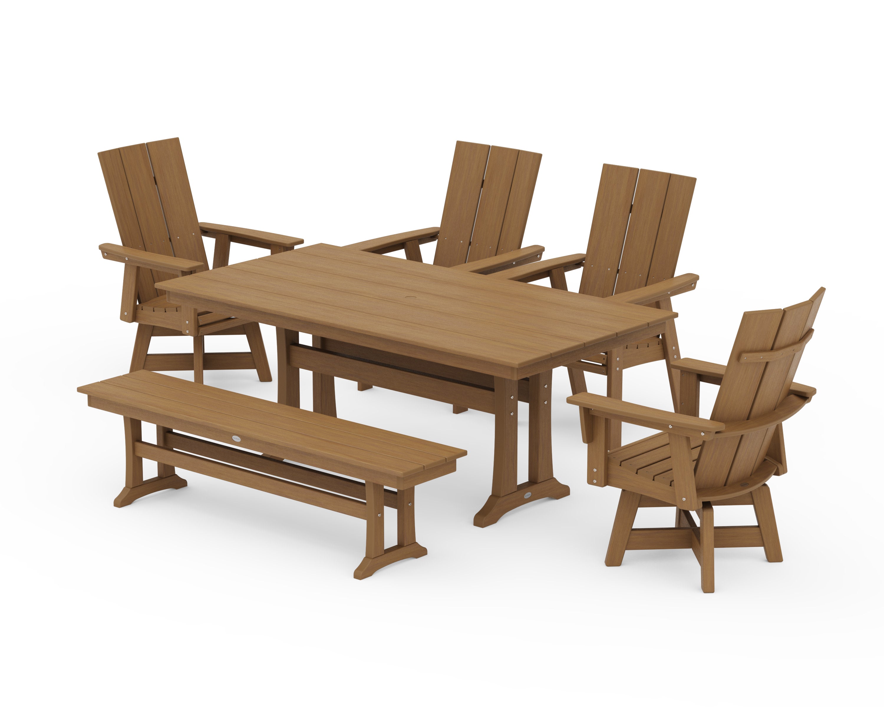 Modern Curveback Adirondack Swivel Chair 6-Piece Farmhouse Dining Set With Trestle Legs and Bench in Natural