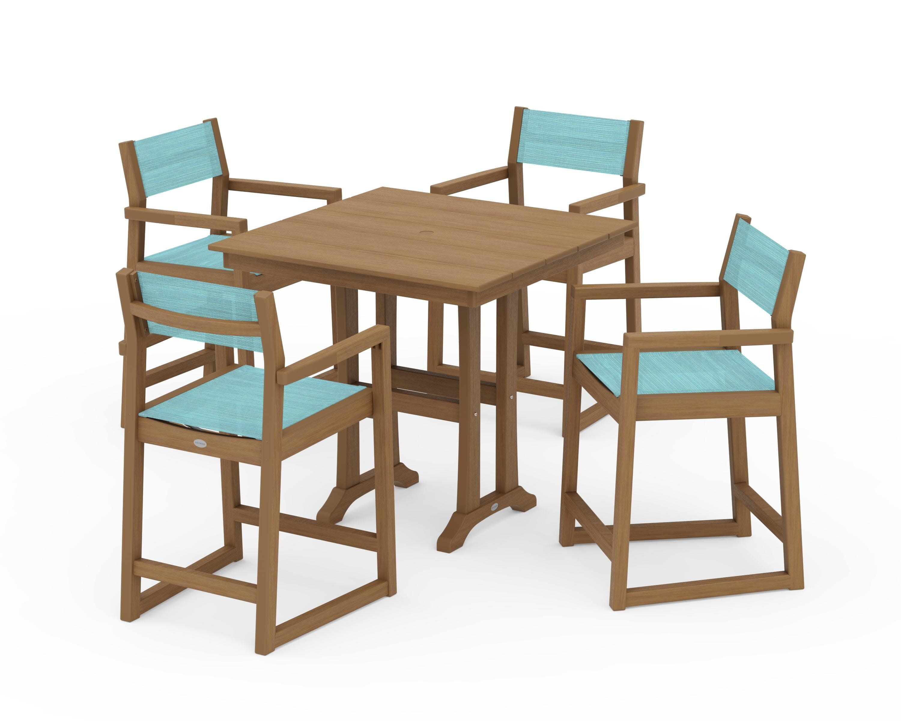 EDGE Sling Arm Chair 5-Piece Farmhouse Counter Set with Trestle Legs in Natural / Dupioni Aquamarine Sling