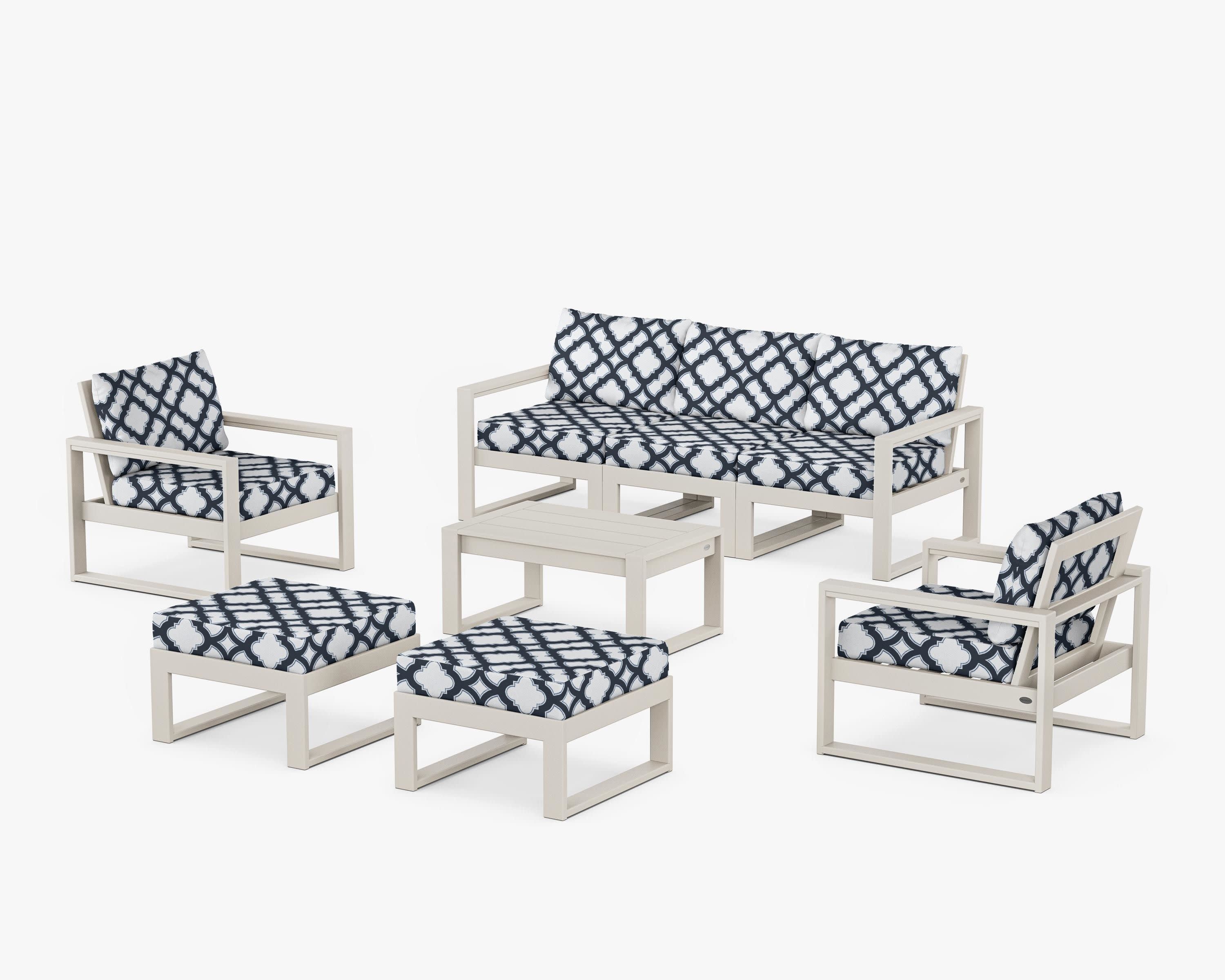 EDGE Sectional 8-Piece Lounge Sofa Set in Sand / Trellis Marine Indigo